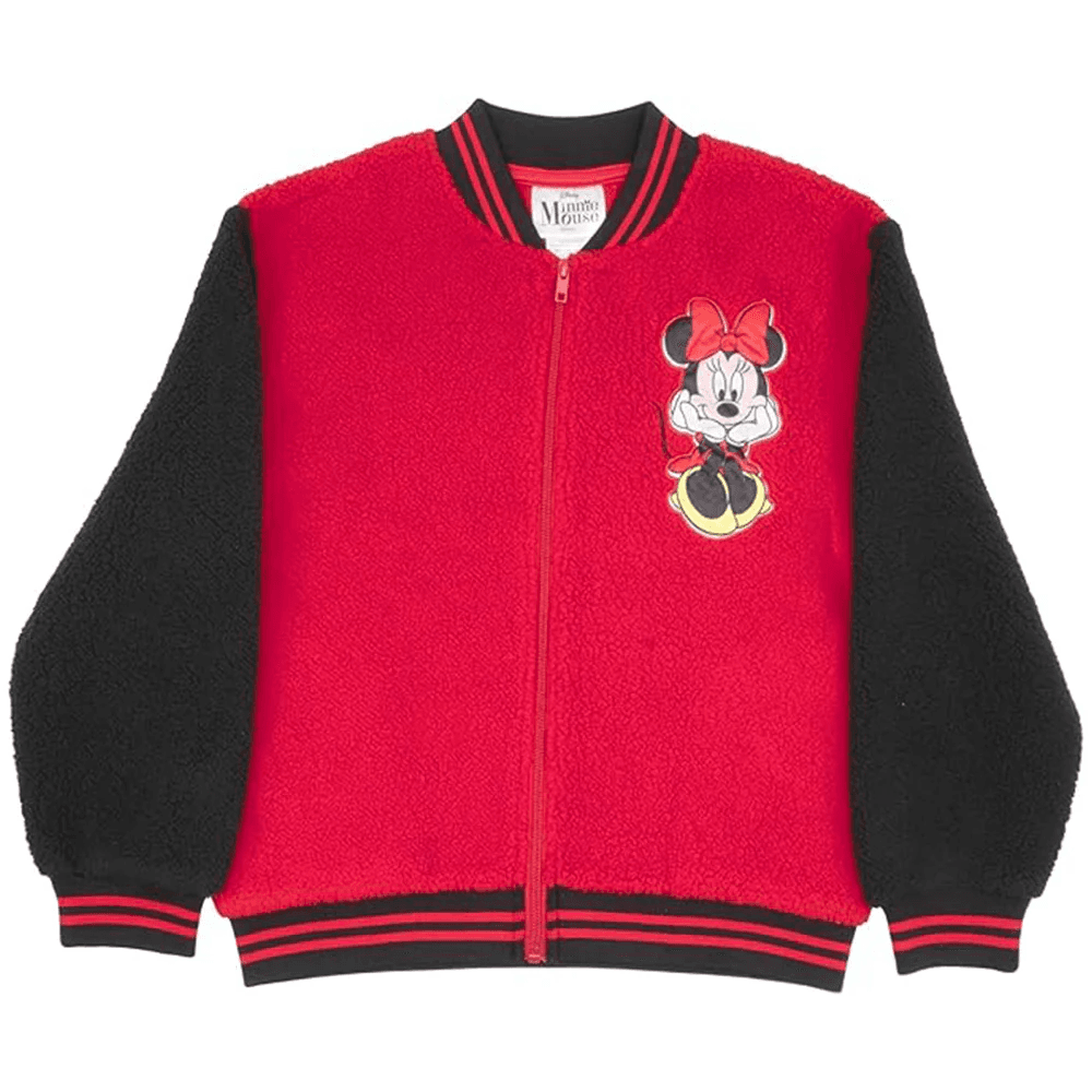 Disney Minnie Mouse Girls Sherpa Varsity Jacket Red/Black Size 6/6X
