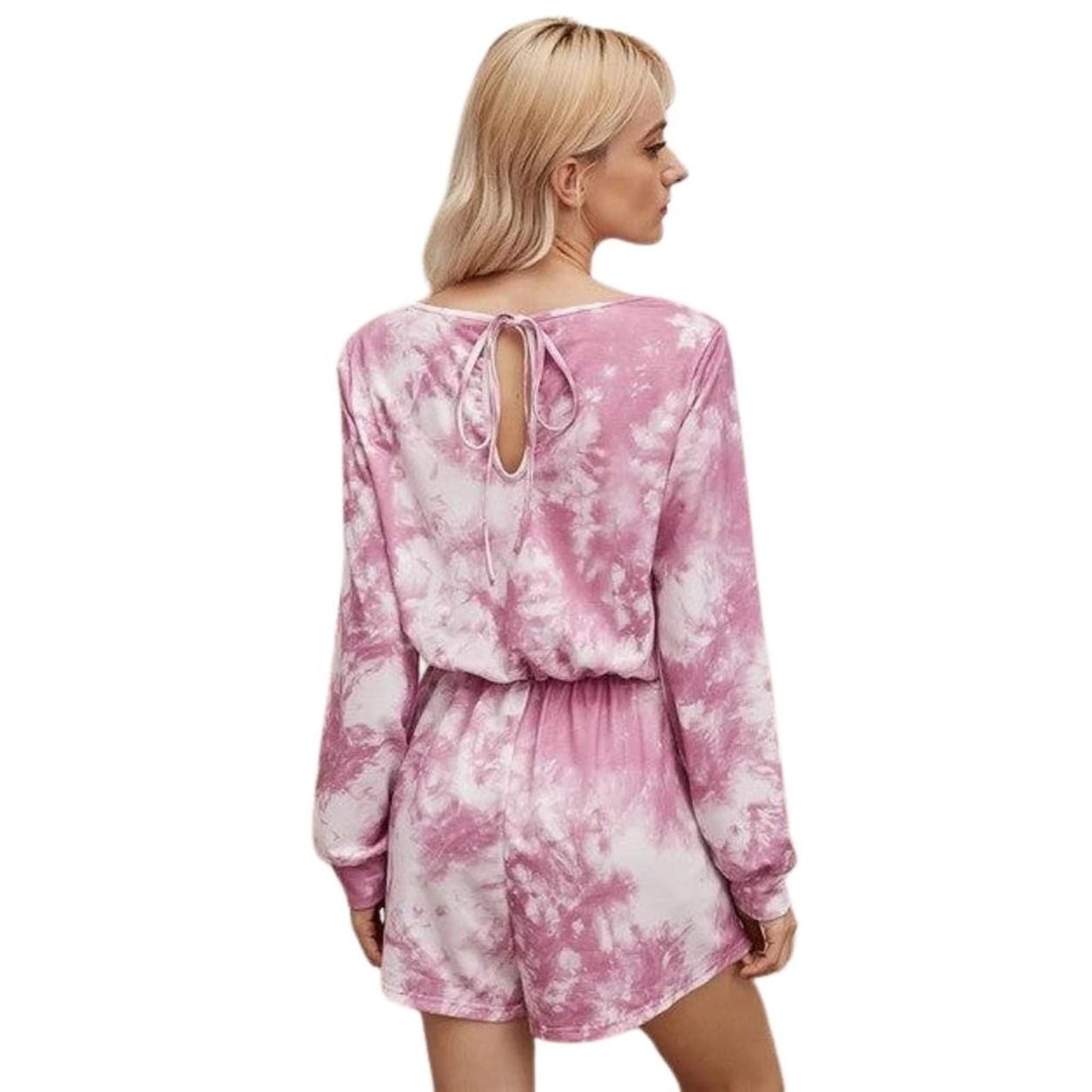 Tie Dye Romper Shorts Pink Mauve Long Sleeves Sizes L Drawstring Tie Waist - Thumbnail 2