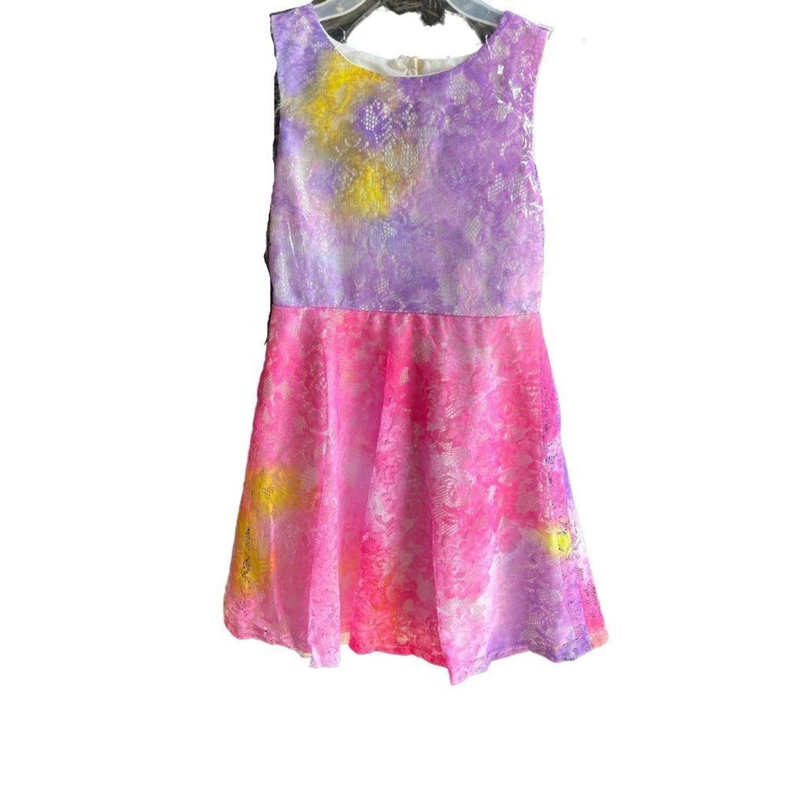 Girls Tie Dye Easter Dress Lace Pink Yellow Purple Lace Over The Skirt Size 10 - Thumbnail 3