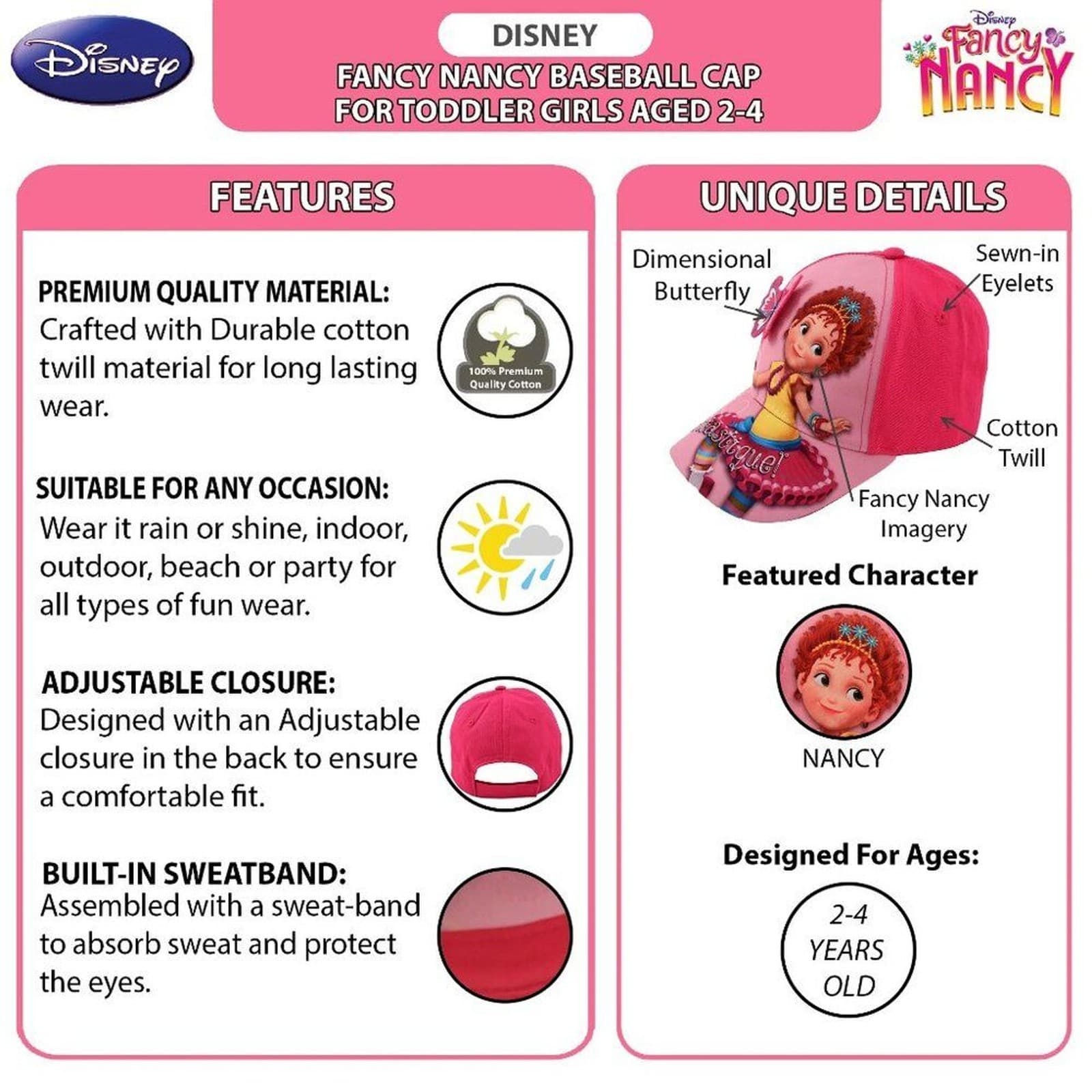 NWT Disney Fancy Nancy Toddler Baseball Hat for Girls, Kids Baseball Cap - Thumbnail 4