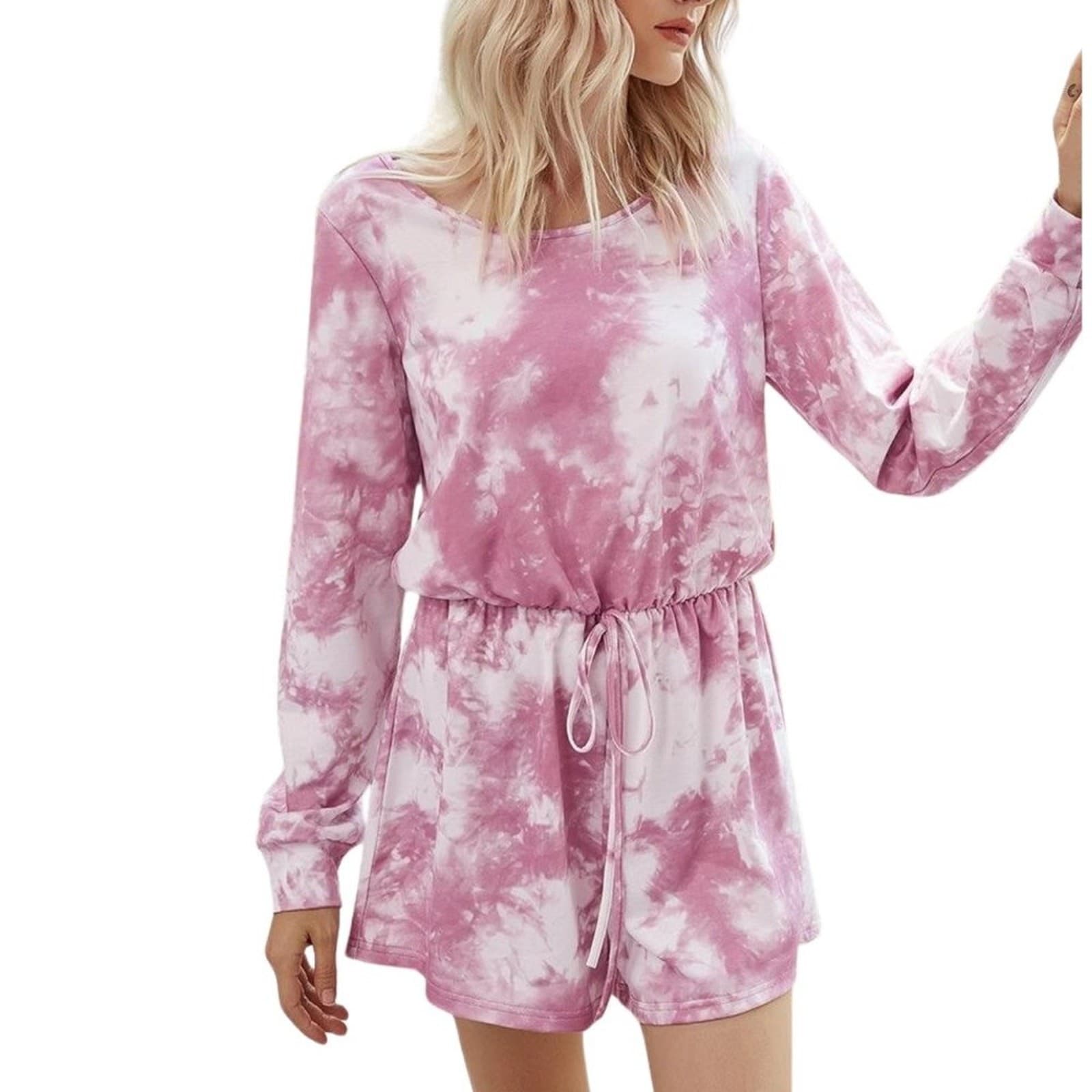 Tie Dye Romper Shorts Pink Mauve Long Sleeves Sizes L Drawstring Tie Waist
