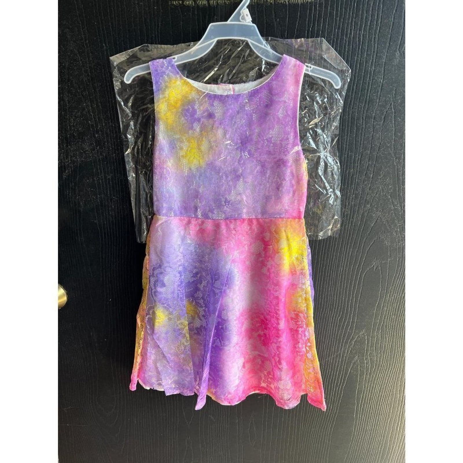 Girls Tie Dye Easter Dress Lace Pink Yellow Purple Lace Over The Skirt Size 12 - Thumbnail 4