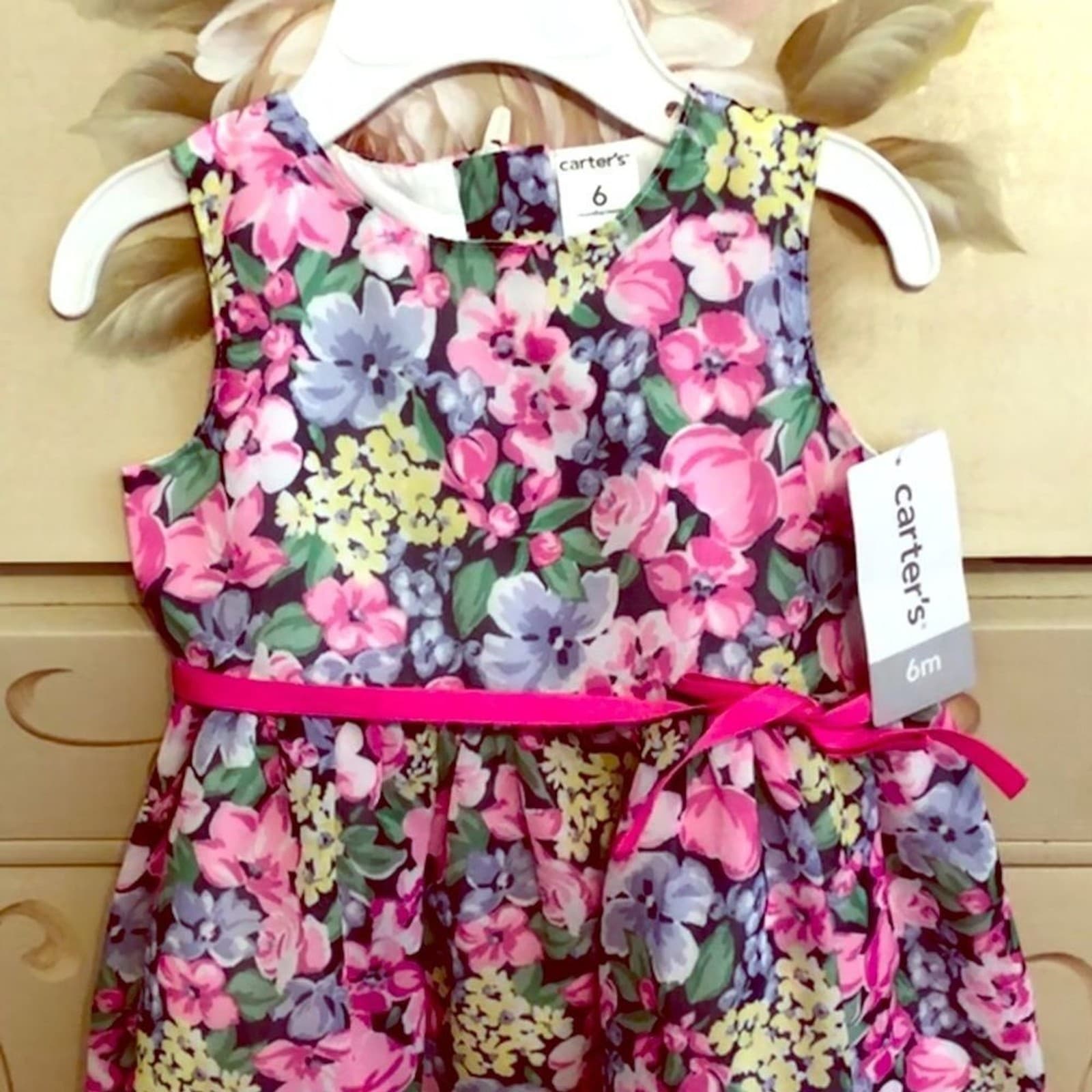 Carters Baby Girl Dress Floral Sleeveless Taffeta Pink Size 6M Ribbon Easter