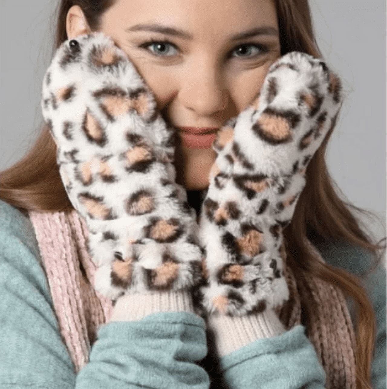 Ruggine Leopard Print Faux Fur Mitten Ivory Fur Pop Top Convertible Mittens