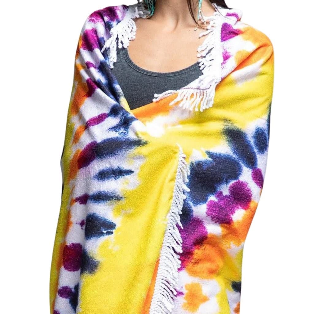 Tie-Dye Beach Towel From Ruggine Fringe Accents Large 58" Diameter Yellow Navy+ - Thumbnail 2