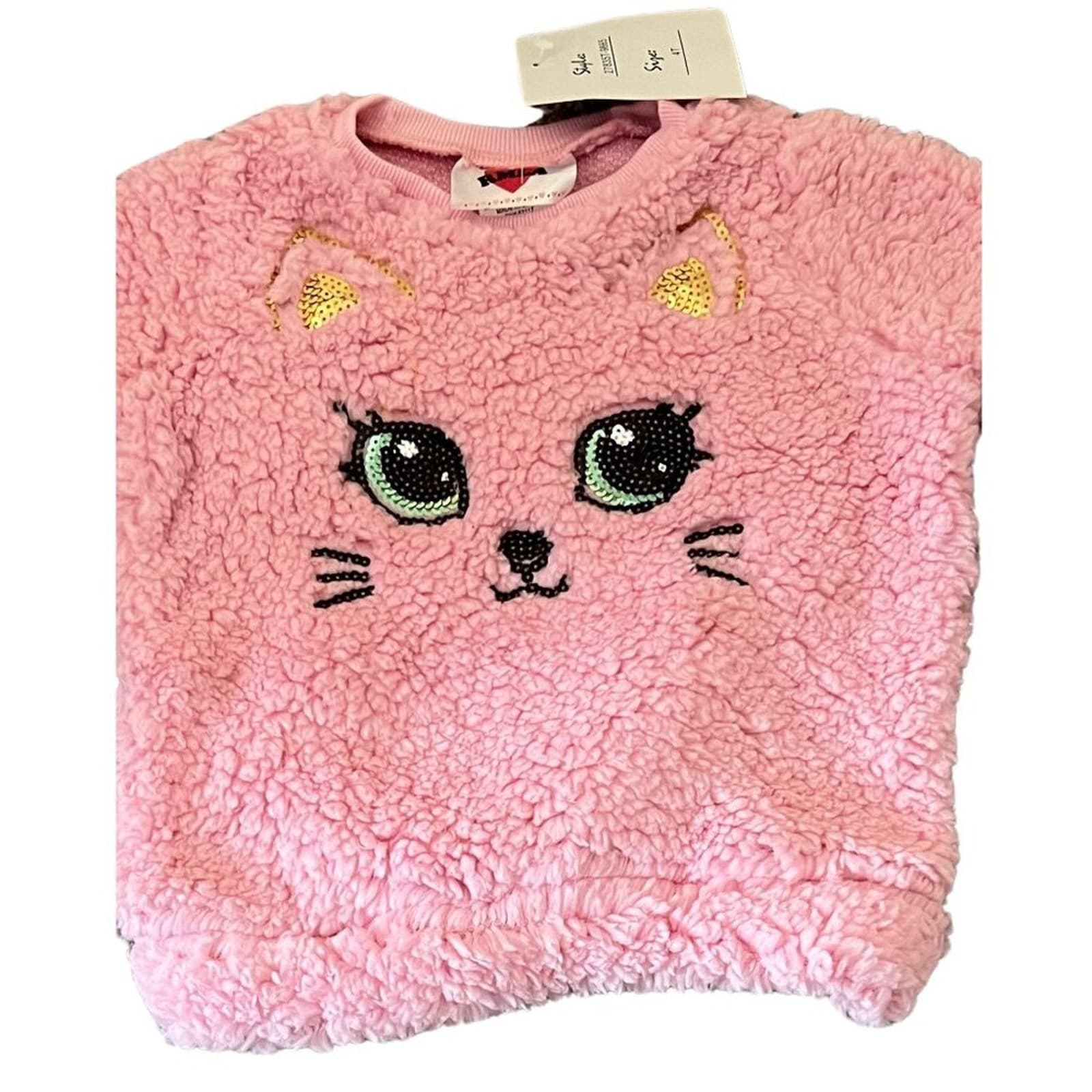 RMLA Pink Fuzzy Cat Sweater Toddler Girls Size 4T Green Eyes Cozy Pullover