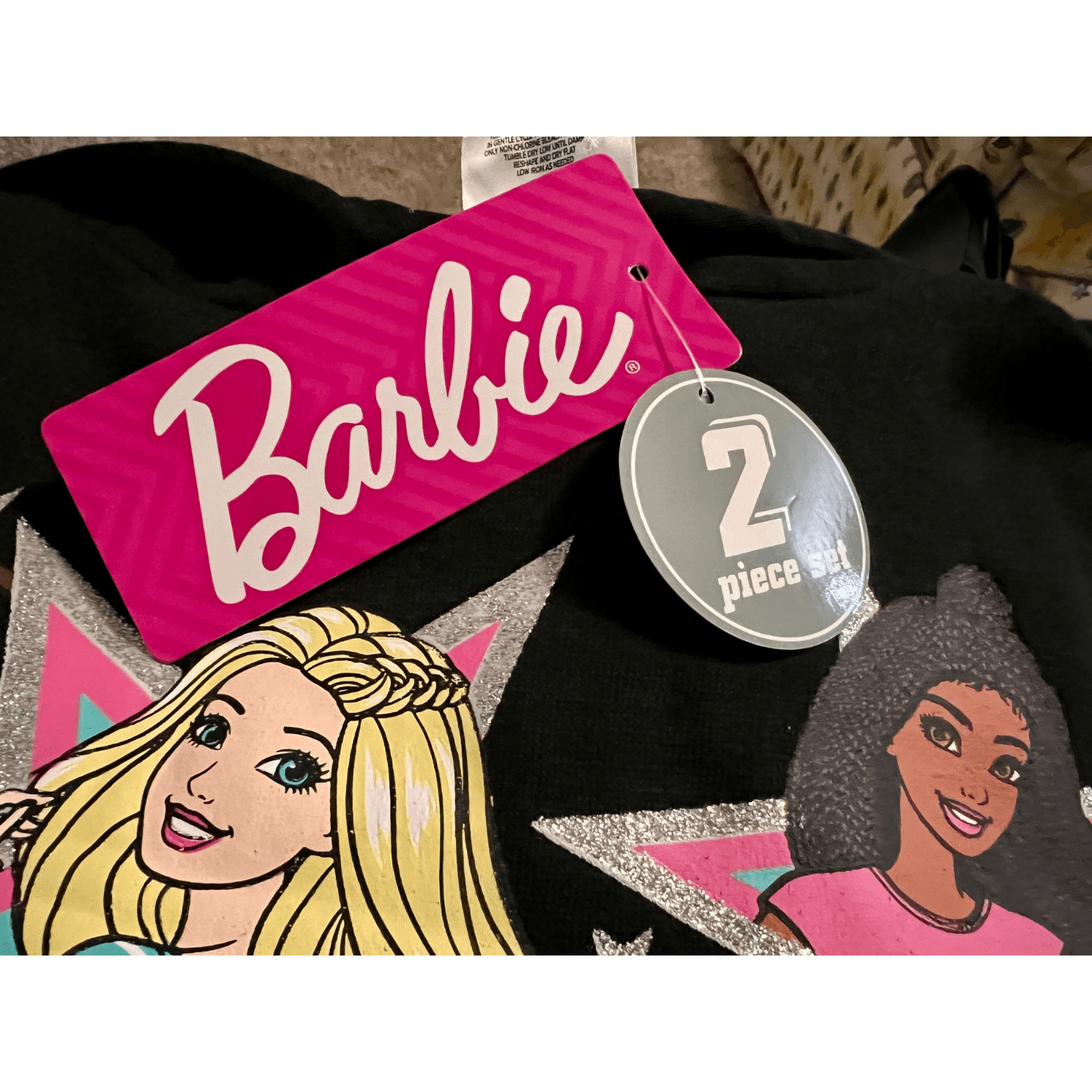 Barbie Girls Size 5 Two-Piece Fleece Hoodie Set, Black Hoodie + Pants Glitter - Thumbnail 2