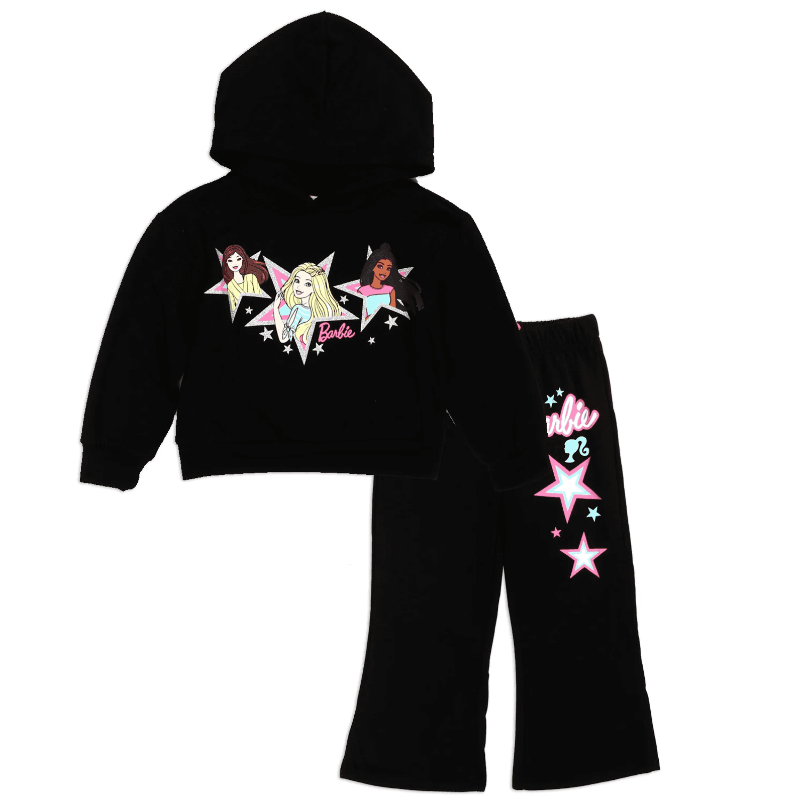 Barbie Girls Size 5 Two-Piece Fleece Hoodie Set, Black Hoodie + Pants Glitter