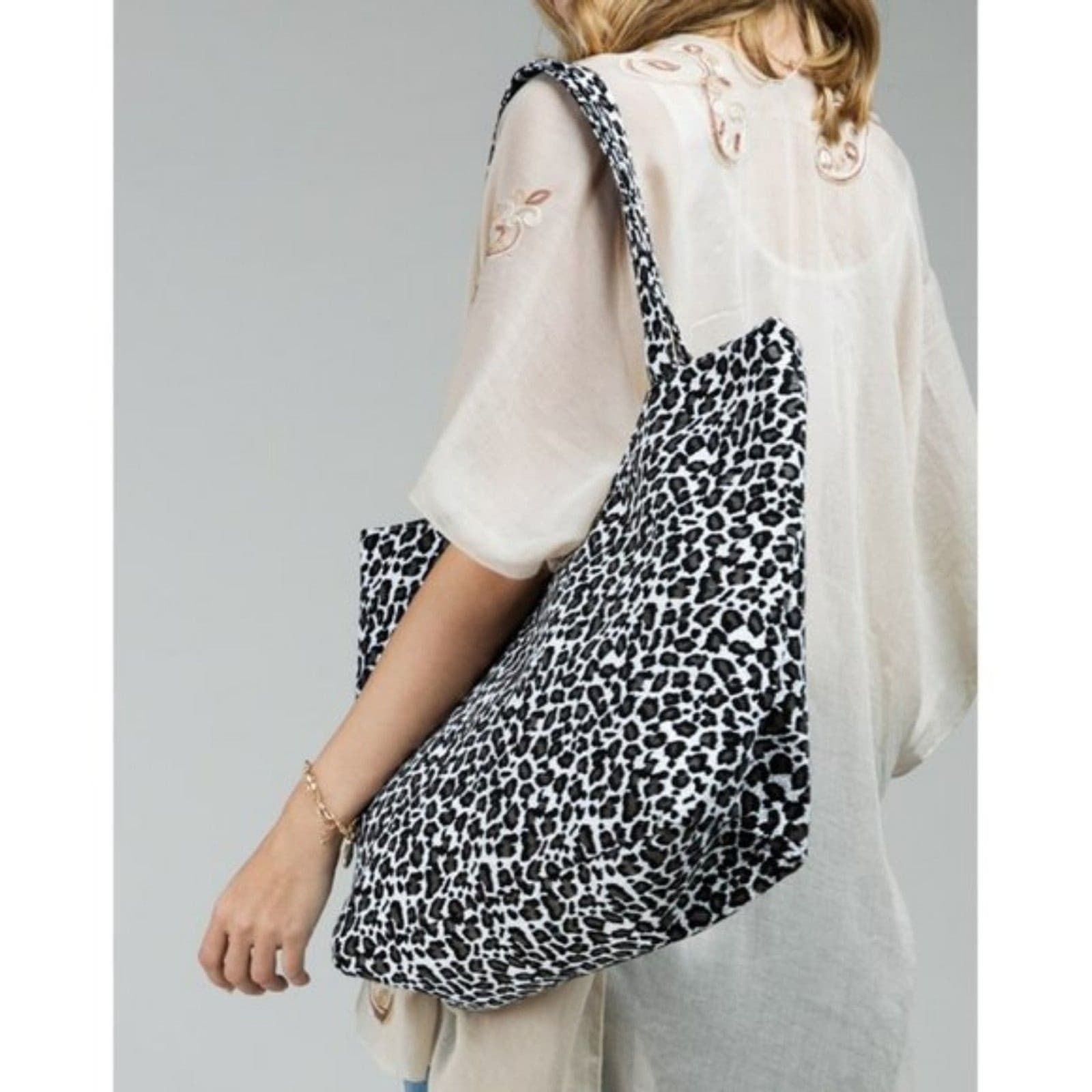 Black Leopard Print Fully Lined Tote Bag with Rope Handle Beach Tote 20" x 13" - Thumbnail 2