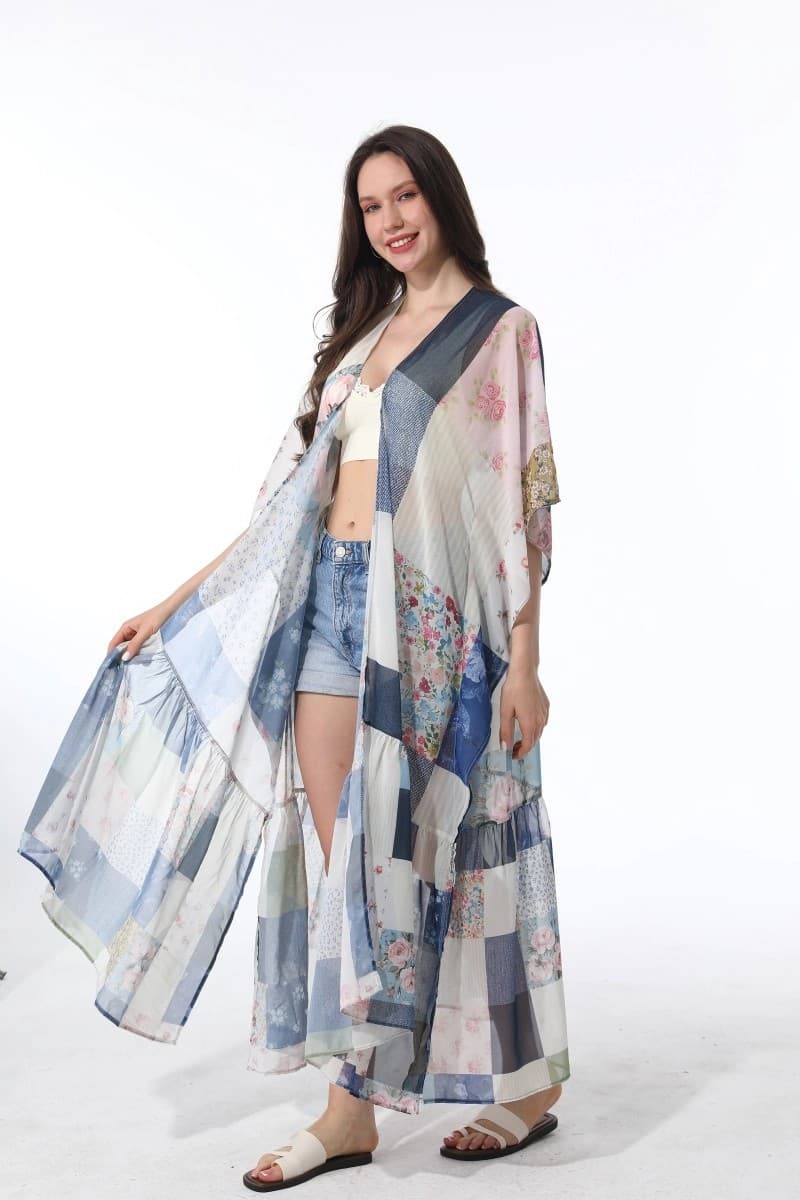Women's Vintage Patchwork Floral Long Kimono Boho Open Front Cover Up Maxi 1 Sz - Thumbnail 6