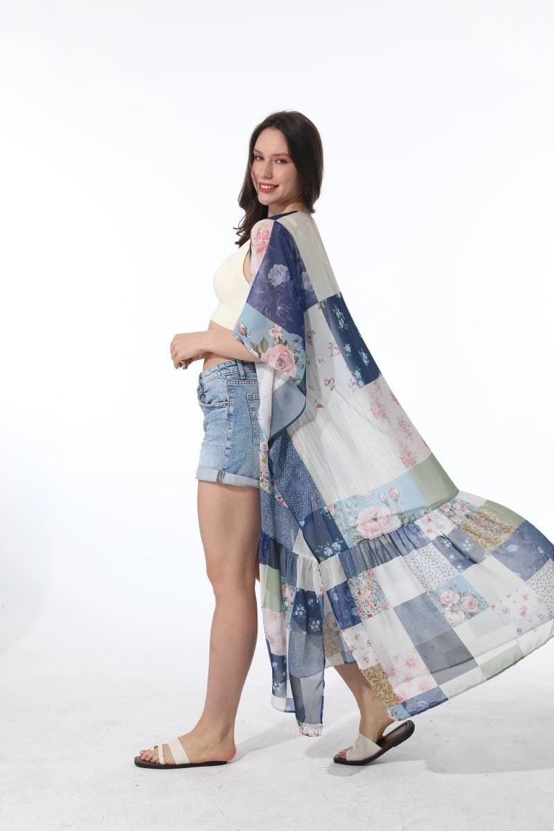 Women's Vintage Patchwork Floral Long Kimono Boho Open Front Cover Up Maxi 1 Sz - Thumbnail 7