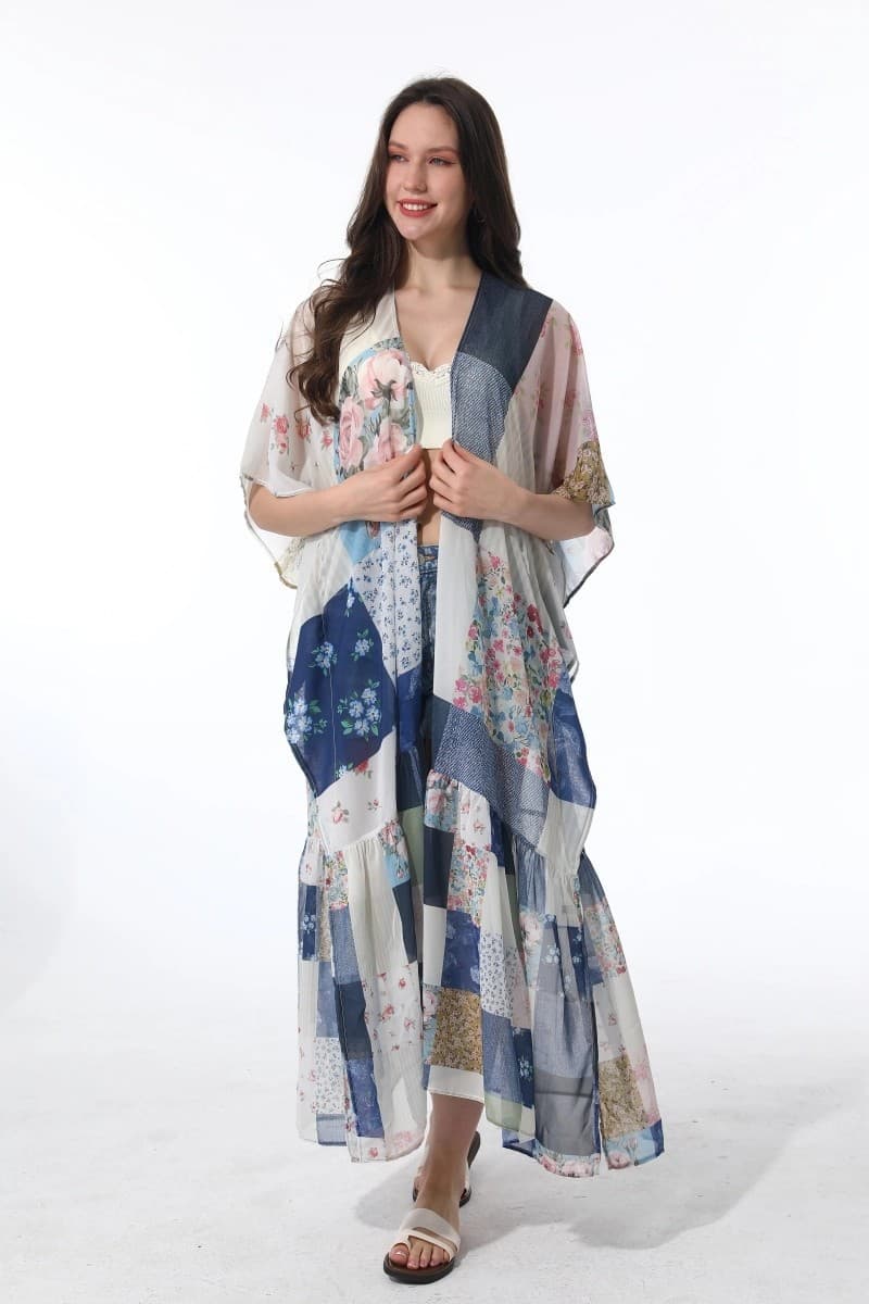 Women's Vintage Patchwork Floral Long Kimono Boho Open Front Cover Up Maxi 1 Sz