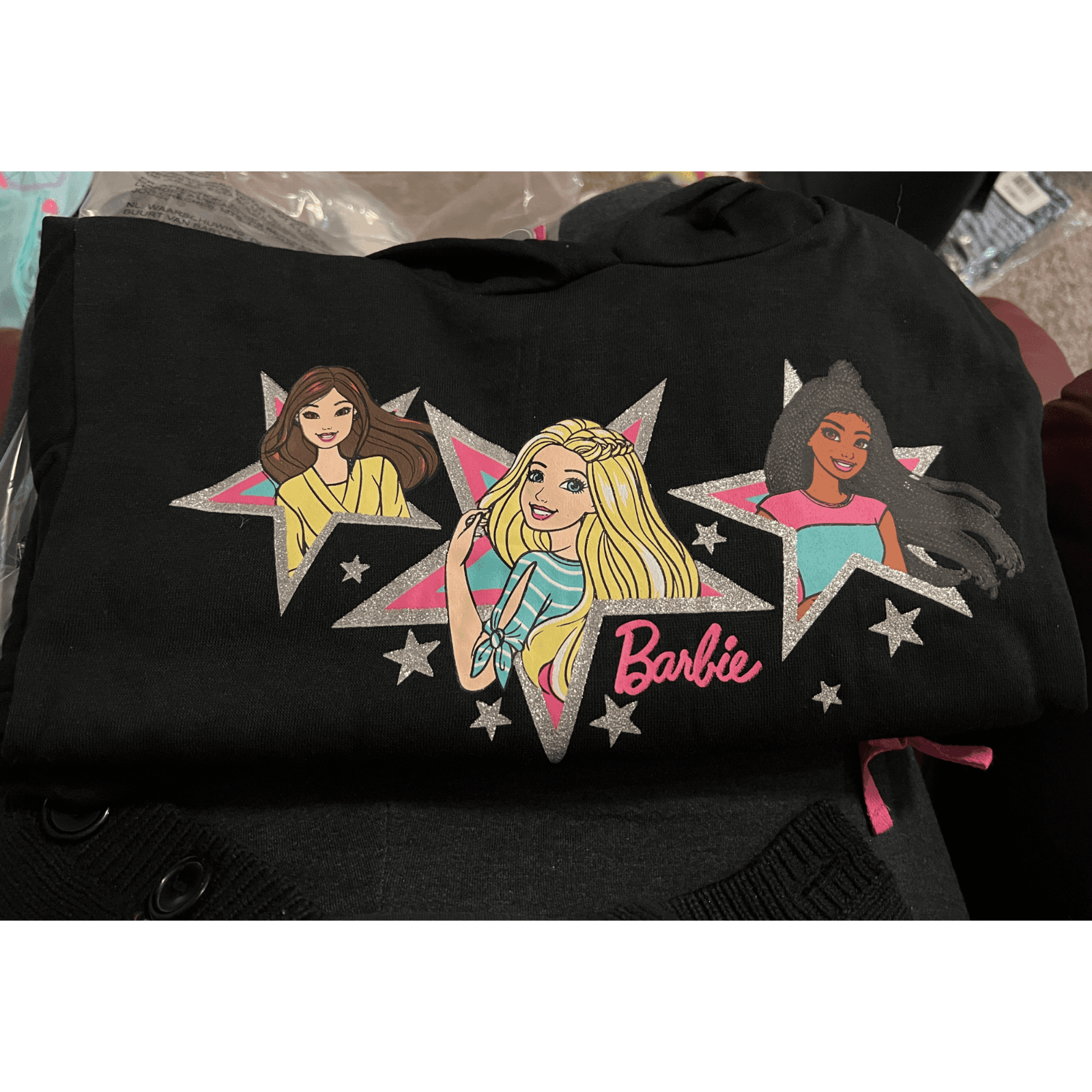 Barbie Girls Size 5 Two-Piece Fleece Hoodie Set, Black Hoodie + Pants Glitter - Thumbnail 4
