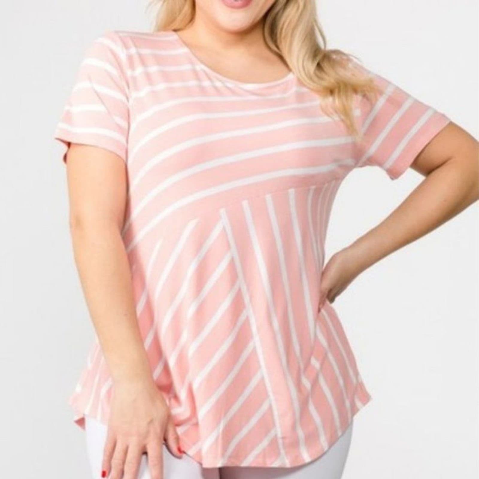 Plus Yelete Women's Short Sleeve Striped Tunic Dusty Pink Rose Sizes XL, 2X, 3X - Thumbnail 3