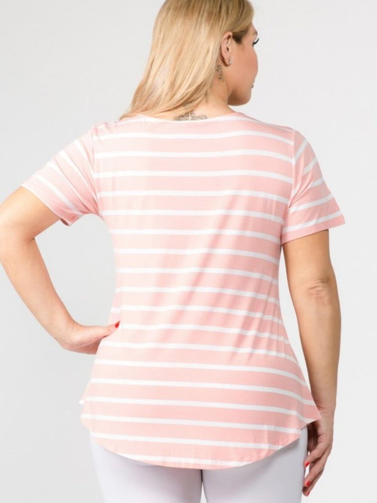 Plus Yelete Women's Short Sleeve Striped Tunic Dusty Pink Rose Sizes XL, 2X, 3X - Thumbnail 4