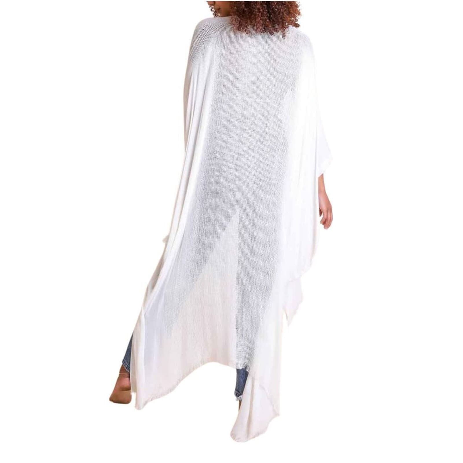 White Frayed Kimono Open Grid Fabric One Size Casual Fringes Wrap Duster - Thumbnail 2
