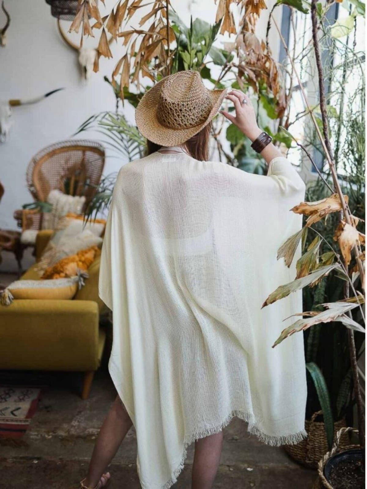 White Frayed Kimono Open Grid Fabric One Size Casual Fringes Wrap Duster - Thumbnail 5