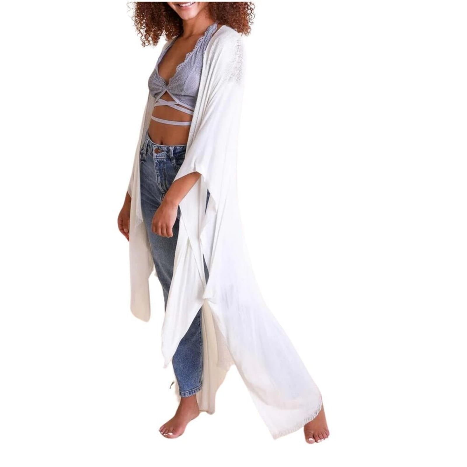 White Frayed Kimono Open Grid Fabric One Size Casual Fringes Wrap Duster - Thumbnail 4