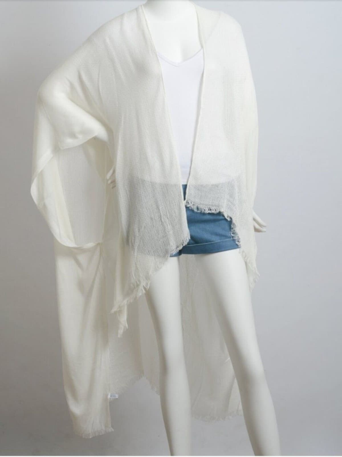 White Frayed Kimono Open Grid Fabric One Size Casual Fringes Wrap Duster - Thumbnail 3