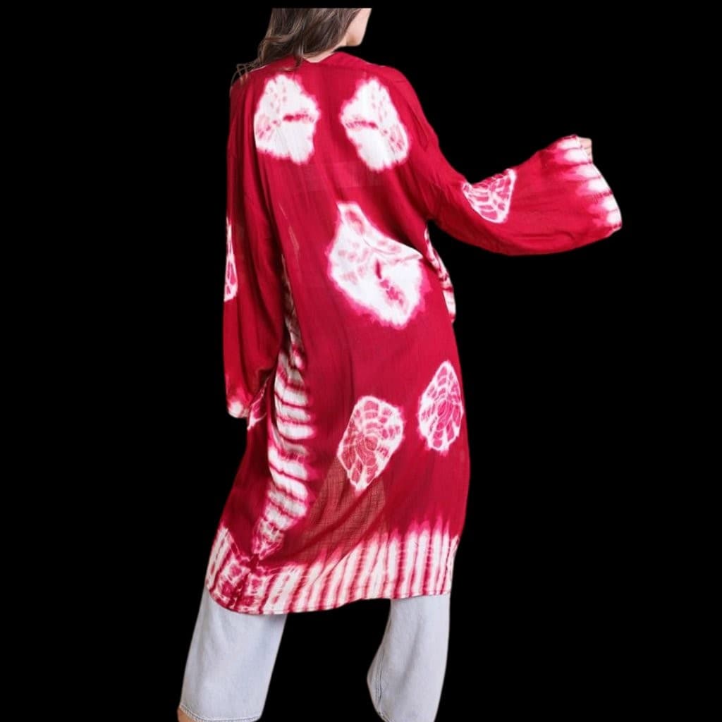 Berry Tie Dye Kimono Long Length Sleeve One Size Boho Duster Cardigan Hand Dyed - Thumbnail 2