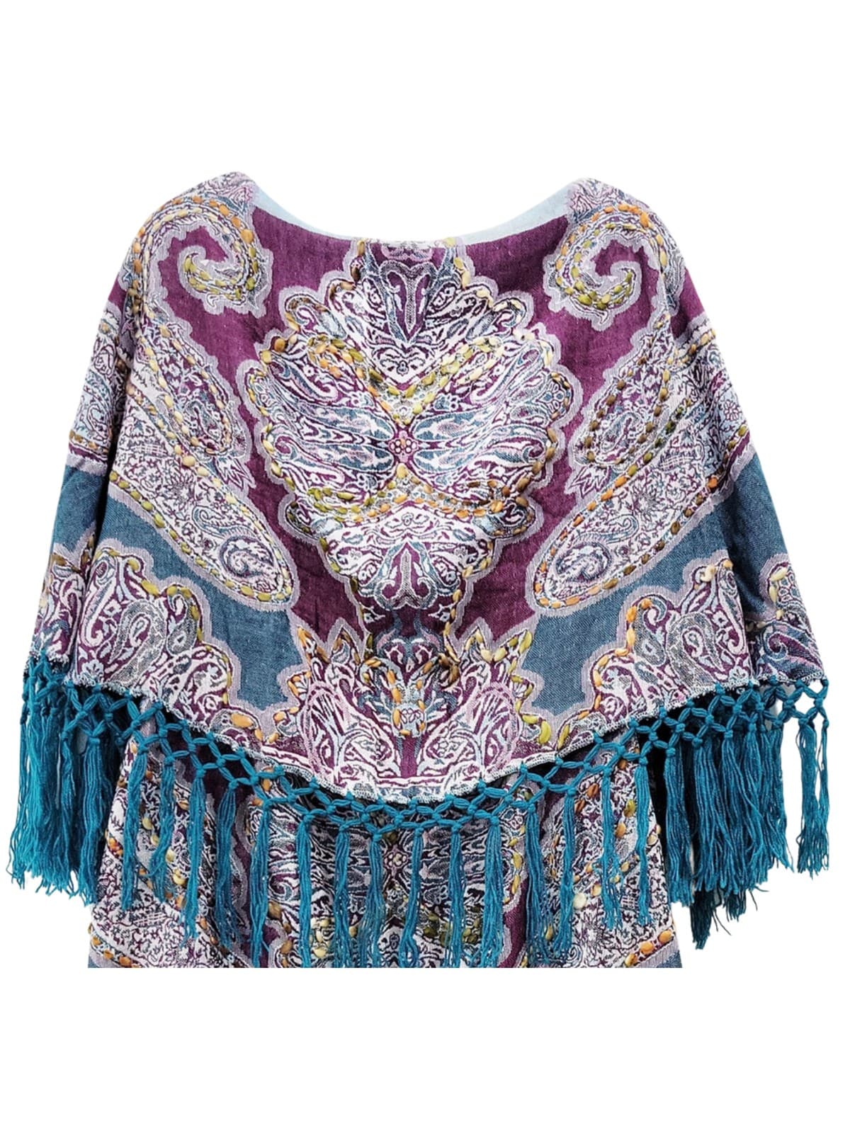 Hand Embroidered Poncho Coverup Teal Burgundy Paisley Fringe One Size New - Thumbnail 4