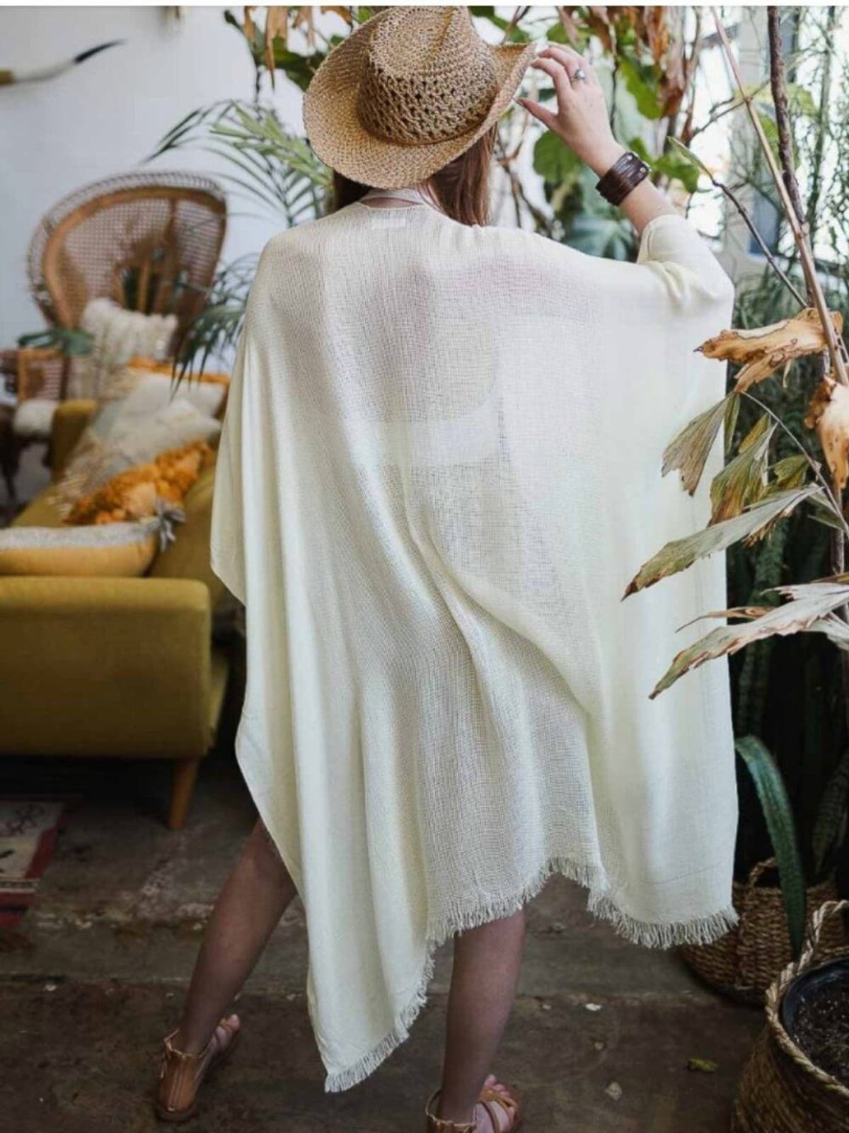 White Frayed Kimono Open Grid Fabric One Size Casual Fringes Wrap Duster - Thumbnail 6