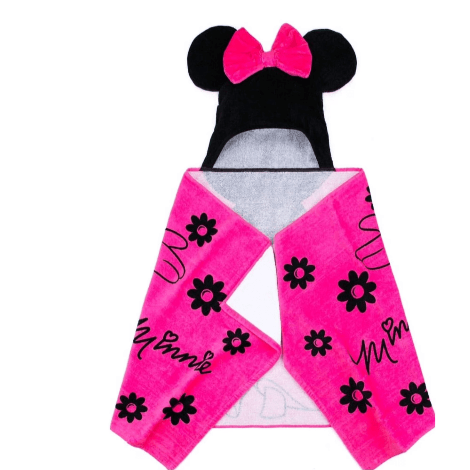Disney Minnie Mouse Kids Bath Hooded Towel Wrap 51x22 Cotton Hot Pink/Black - Thumbnail 2