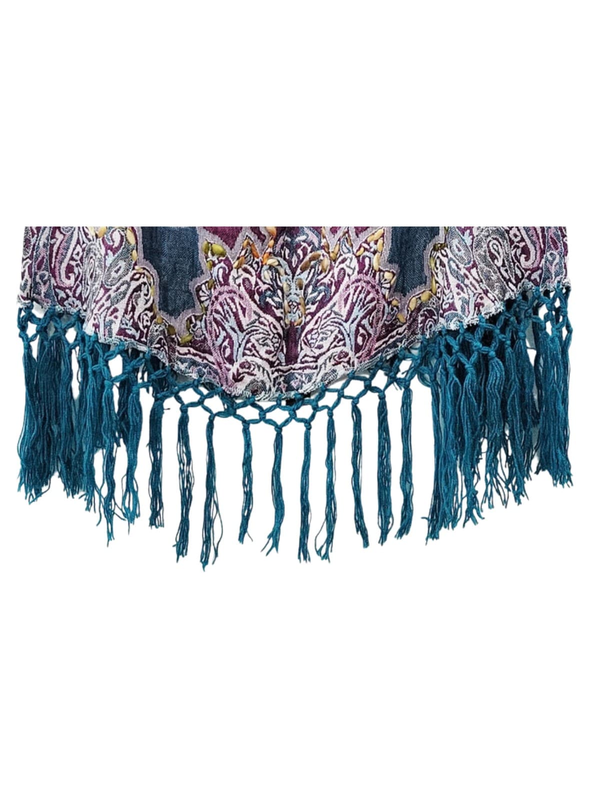 Hand Embroidered Poncho Coverup Teal Burgundy Paisley Fringe One Size New - Thumbnail 3
