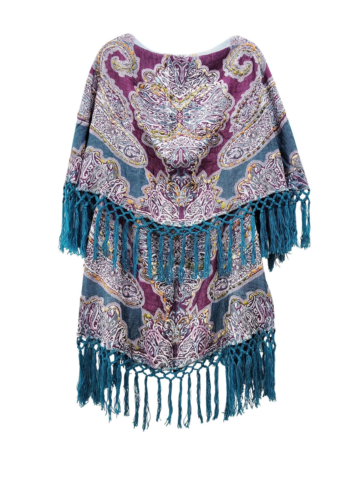 Hand Embroidered Poncho Coverup Teal Burgundy Paisley Fringe One Size New - Thumbnail 2
