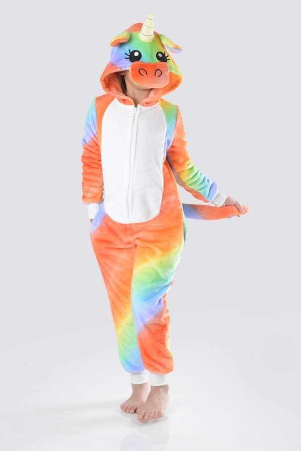 Kids Rainbow Unicorn Costume Bodysuit Soft Sleeper Hood Face Tail Pockets S-L - Thumbnail 2