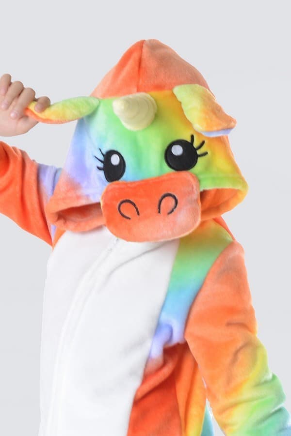 Kids Rainbow Unicorn Costume Bodysuit Soft Sleeper Hood Face Tail Pockets S-L - Thumbnail 5