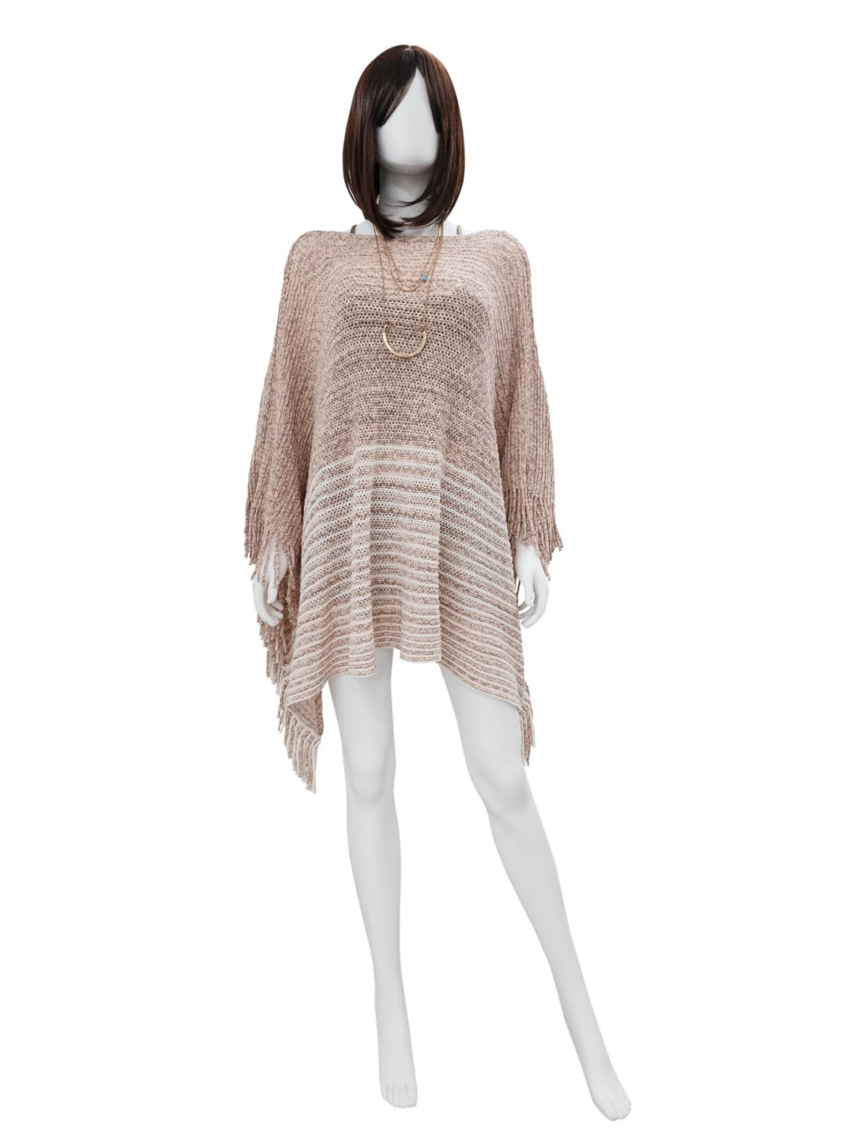 Knit Tassel Poncho Silver Grey Bohemian-Style One Size Two Tone Soft Knit Shawl - Thumbnail 4