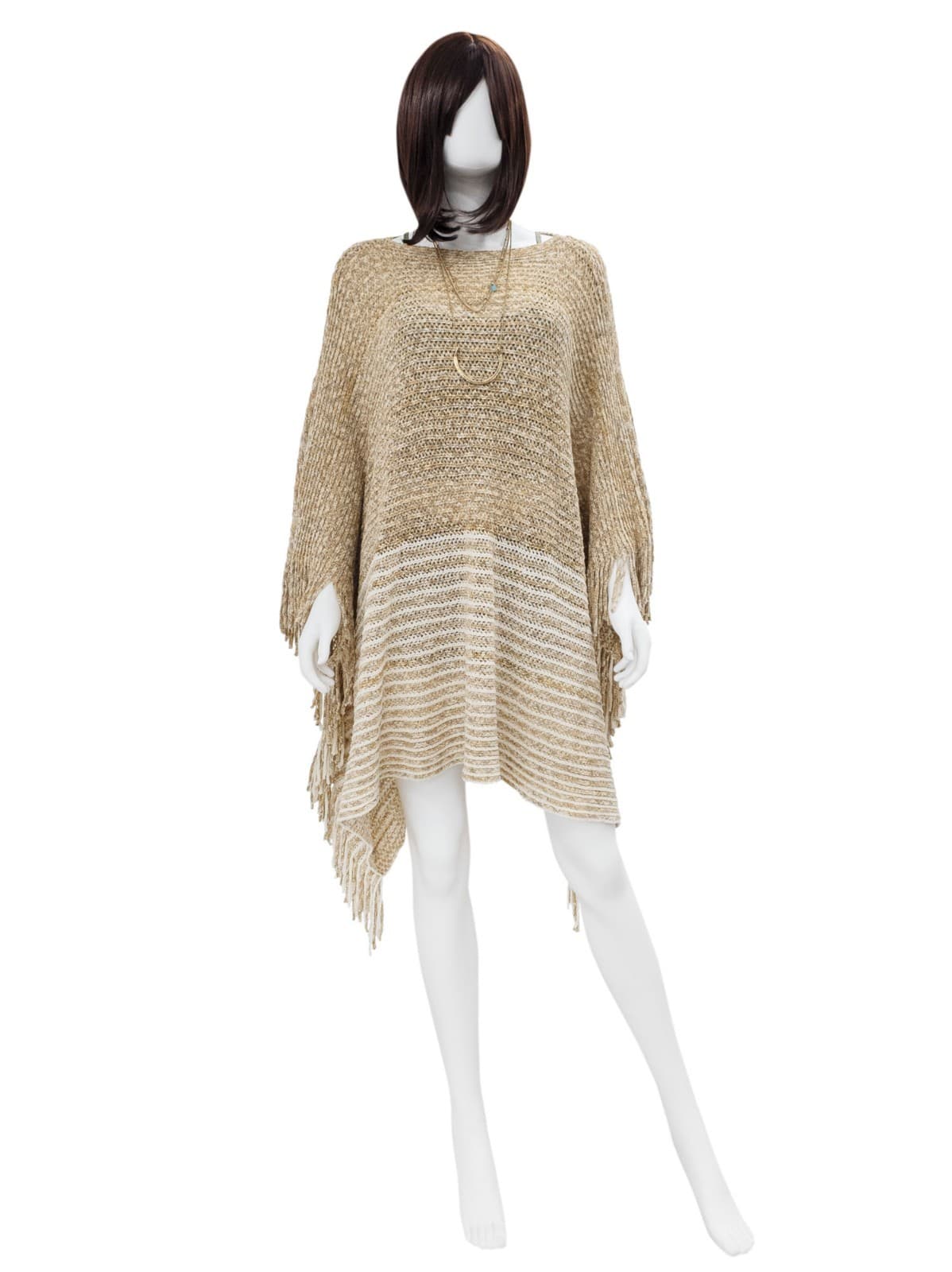 Knit Tassel Poncho Silver Grey Bohemian-Style One Size Two Tone Soft Knit Shawl - Thumbnail 6