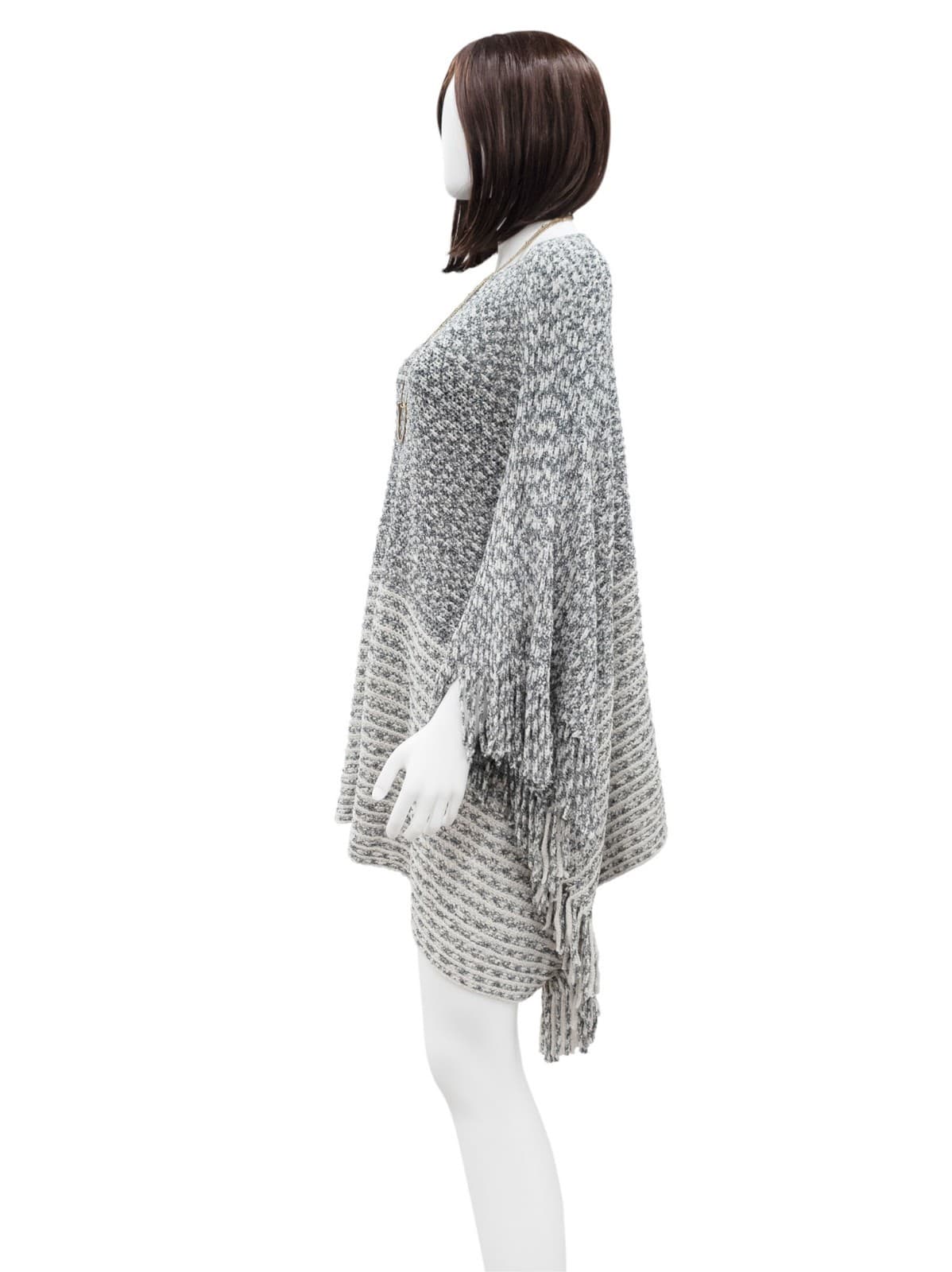 Knit Tassel Poncho Silver Grey Bohemian-Style One Size Two Tone Soft Knit Shawl - Thumbnail 3