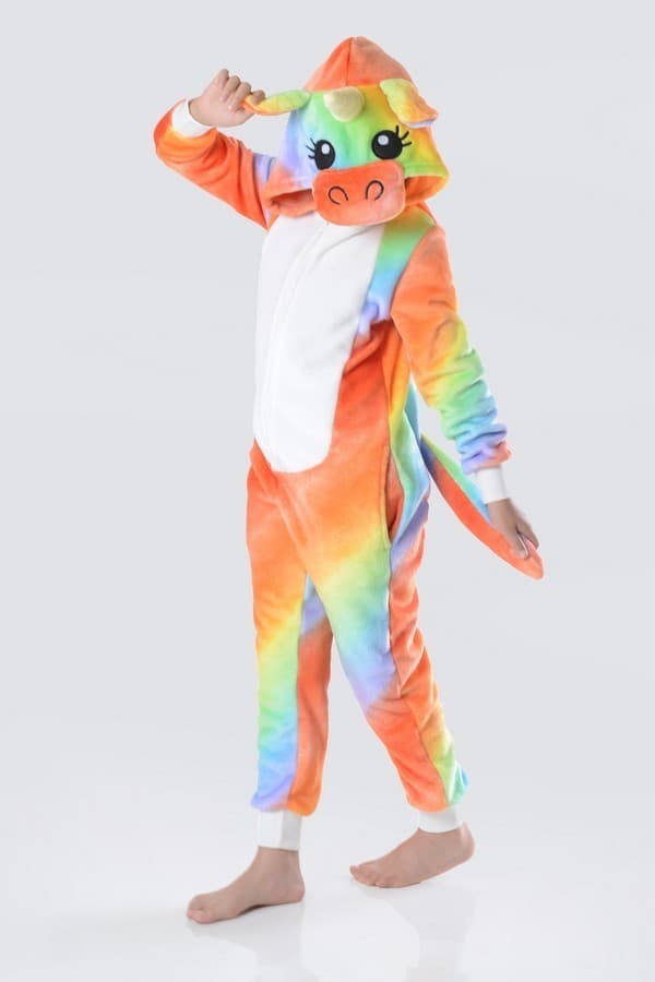 Kids Rainbow Unicorn Costume Bodysuit Soft Sleeper Hood Face Tail Pockets S-L - Thumbnail 3