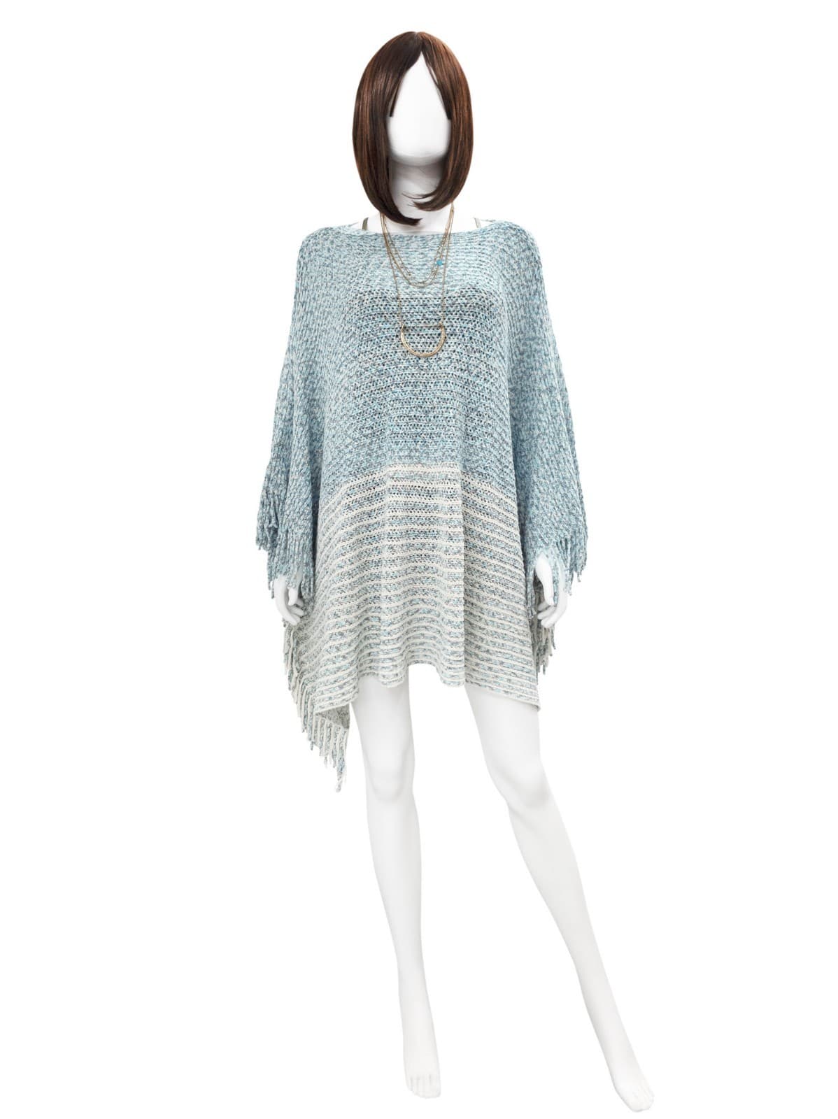 Knit Tassel Poncho Silver Grey Bohemian-Style One Size Two Tone Soft Knit Shawl - Thumbnail 5
