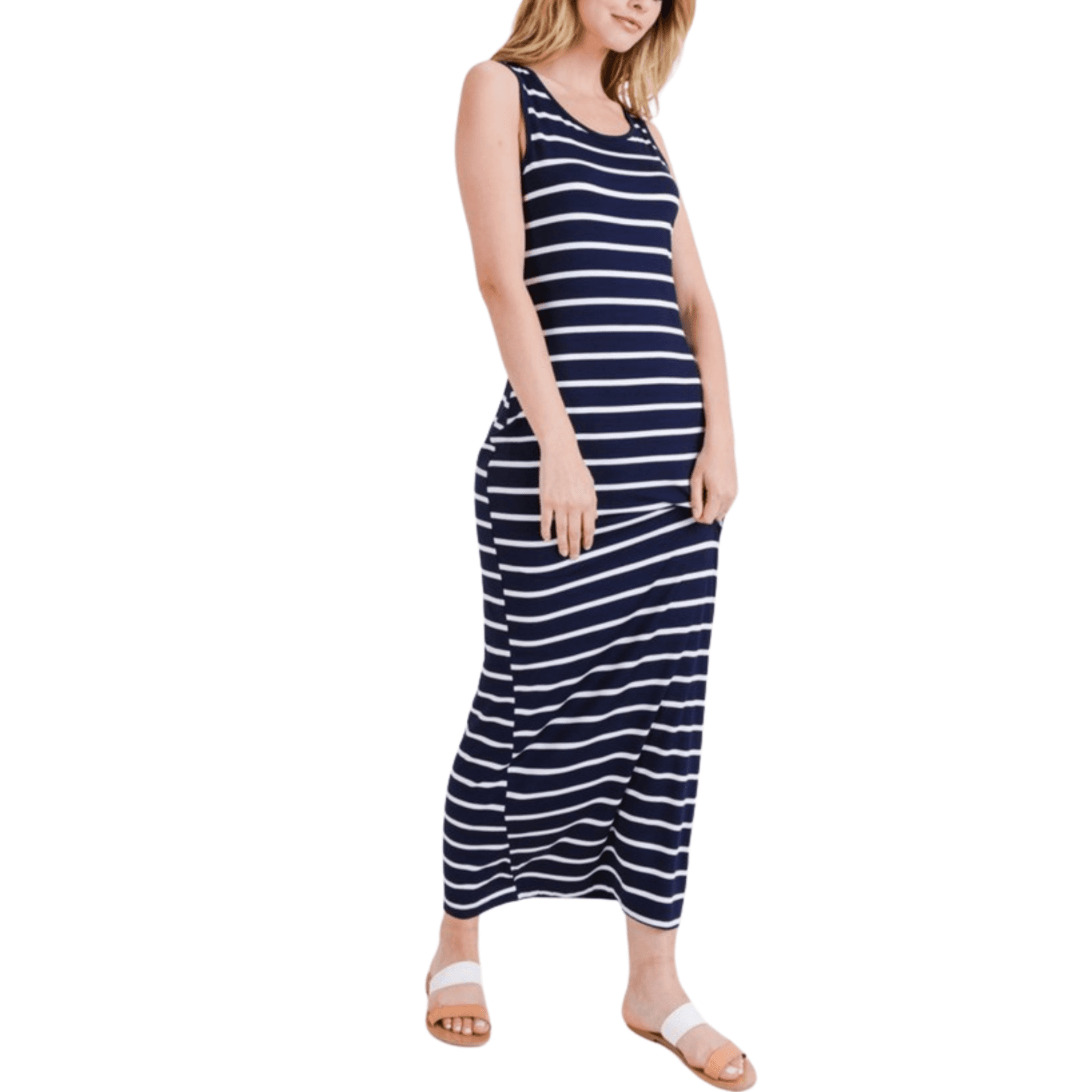 Plus 2XL 3XL Women's Navy Blue White Striped Tank Maxi Dress Flatters Yelete - Thumbnail 2