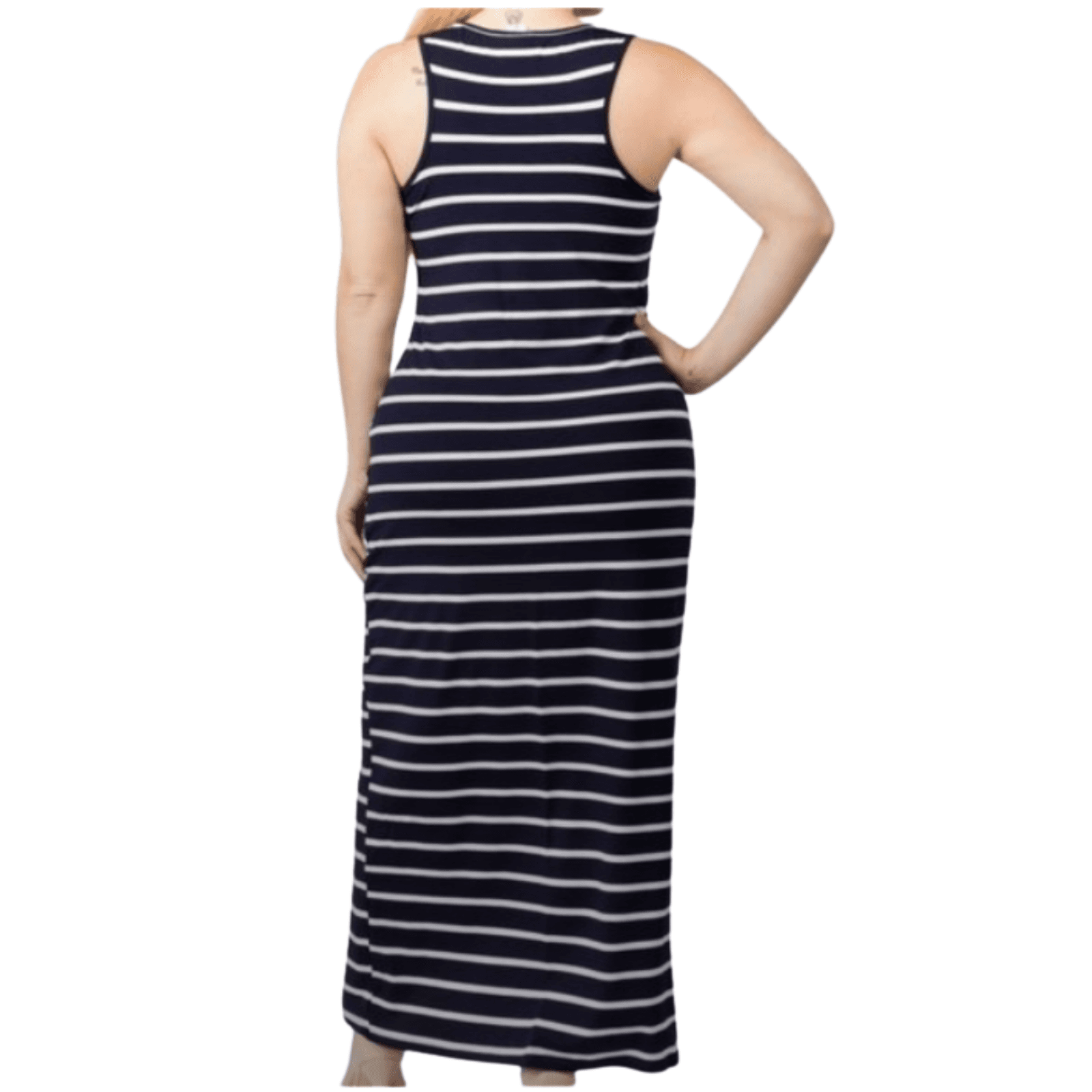 Plus 2XL 3XL Women's Navy Blue White Striped Tank Maxi Dress Flatters Yelete - Thumbnail 4