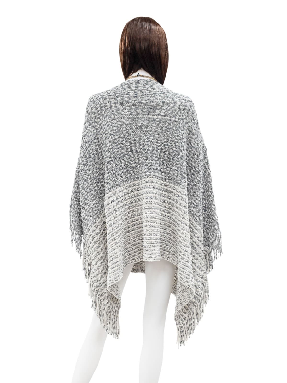 Knit Tassel Poncho Silver Grey Bohemian-Style One Size Two Tone Soft Knit Shawl - Thumbnail 2
