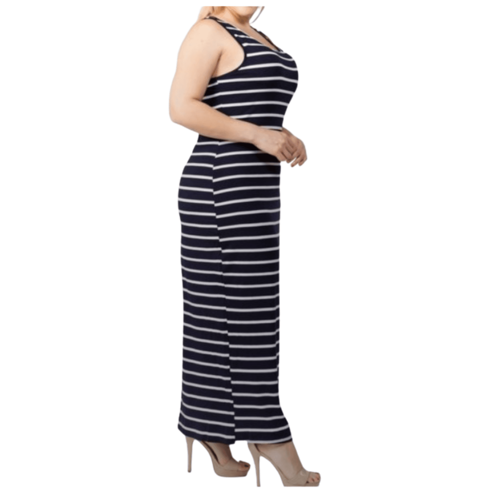 Plus 2XL 3XL Women's Navy Blue White Striped Tank Maxi Dress Flatters Yelete - Thumbnail 3