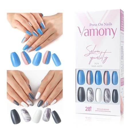 Vamony Press on Nails  60 Pcs Short Coffin Shapes Fake Nails  Press-on Nails Kit with Adhesive Tabs  Mani Sticks and Files  Artificial Nails for Girls - Thumbnail 2