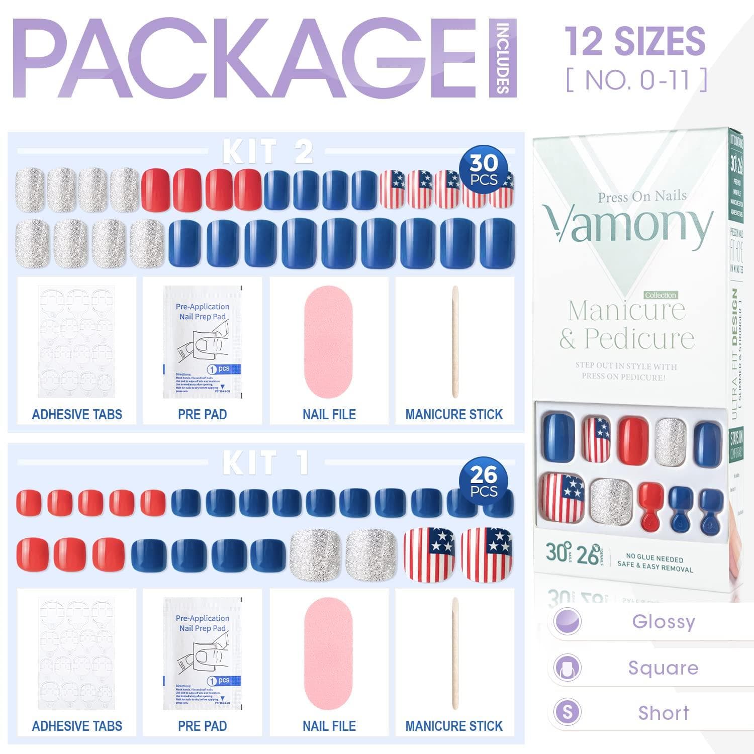 Vamony Press on Nails  60 Pcs Short Coffin Shapes Fake Nails  Press-on Nails Kit with Adhesive Tabs  Mani Sticks and Files  Artificial Nails for Girls - Thumbnail 8
