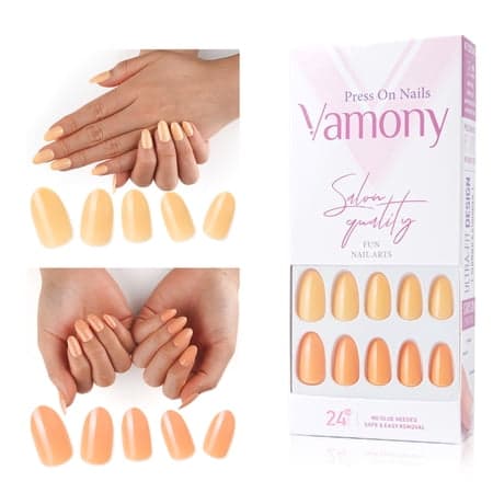 Vamony Press on Nails  48 Pcs Short Almond Shapes Fake Nails  Press-on Nails Kit with Adhesive Tabs  Mani Sticks and Files  Artificial Nails for Girls - Thumbnail 2