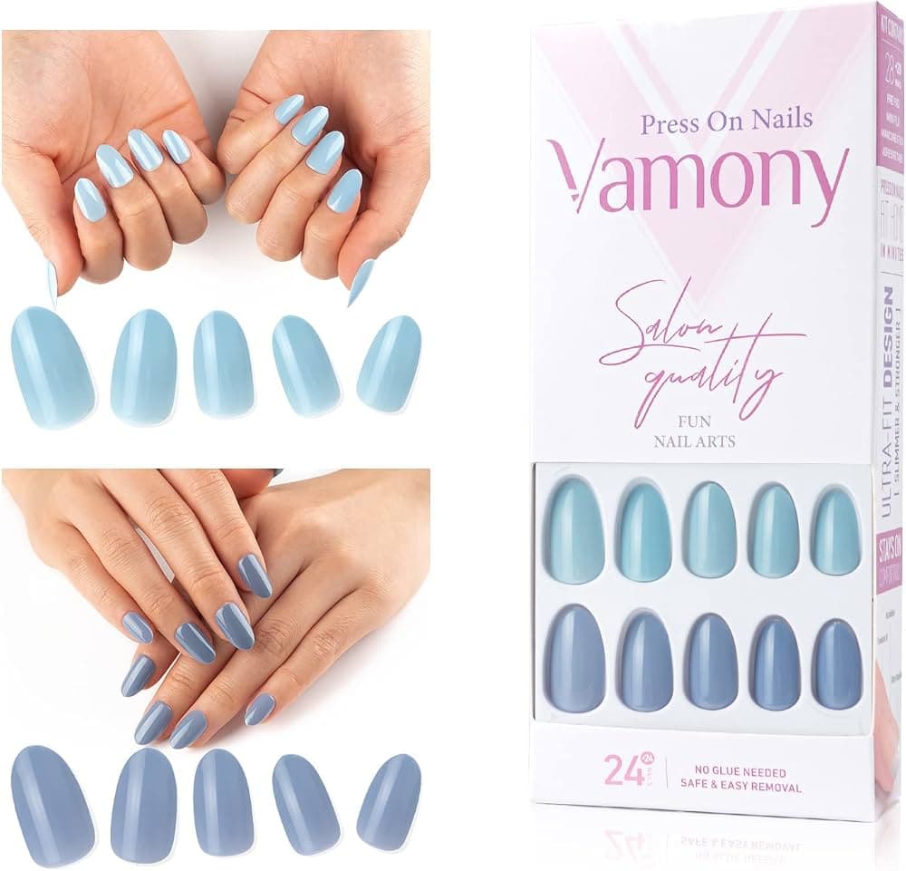 Vamony Press on Nails  48 Pcs Short Almond Shapes Fake Nails  Press-on Nails Kit with Adhesive Tabs  Mani Sticks and Files  Artificial Nails for Girls - Thumbnail 7