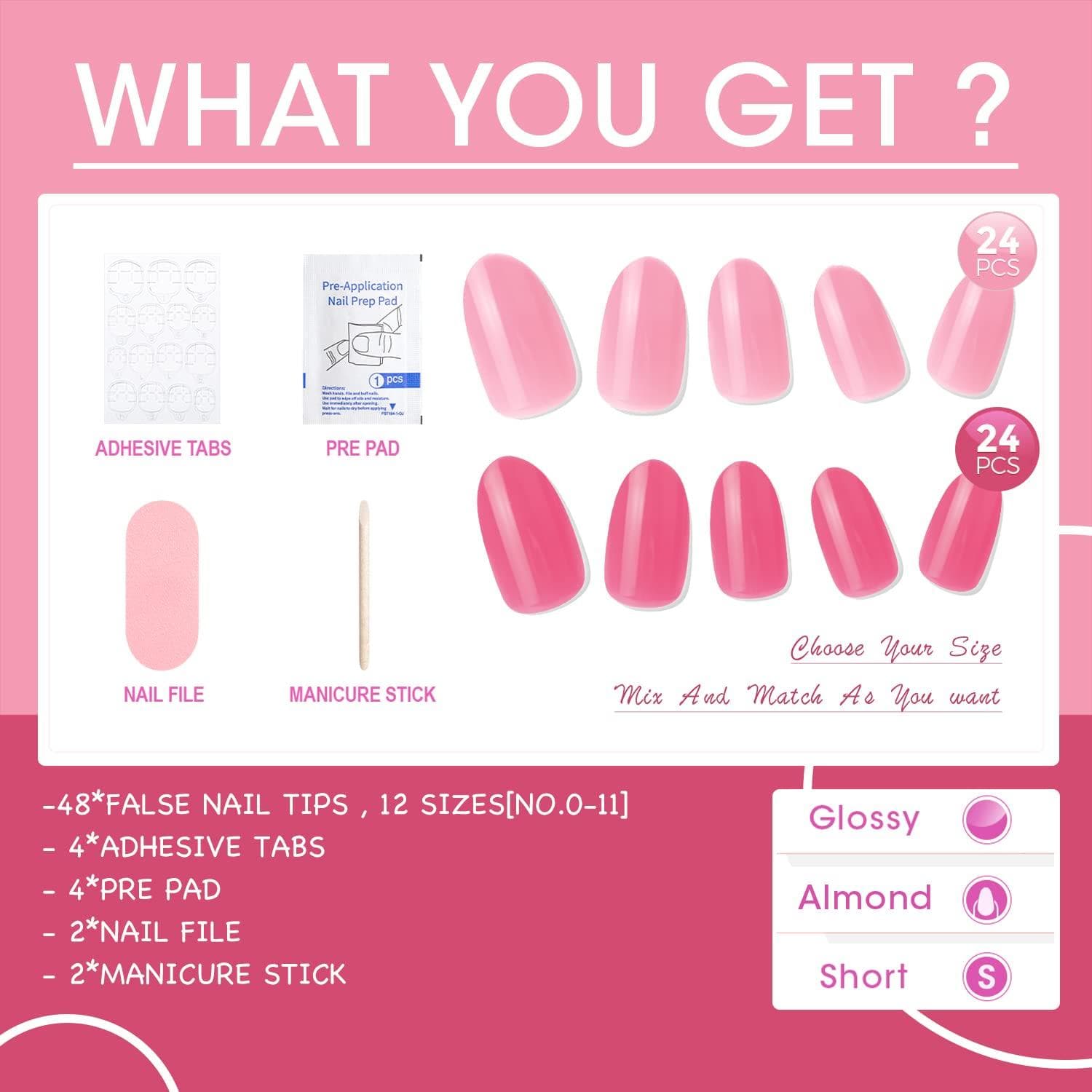 Vamony Press on Nails  48 Pcs Short Almond Shapes Fake Nails  Press-on Nails Kit with Adhesive Tabs  Mani Sticks and Files  Artificial Nails for Girls - Thumbnail 6