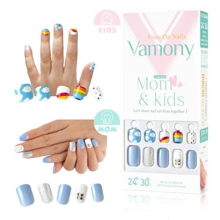 Press on Nails for Kids and Mom - Vamony 54 Pcs Short Square Fake Nails  Artificial Nails Gift for Girls Women  Blue Sky Cute Stick on False Nails Sum - Thumbnail 2