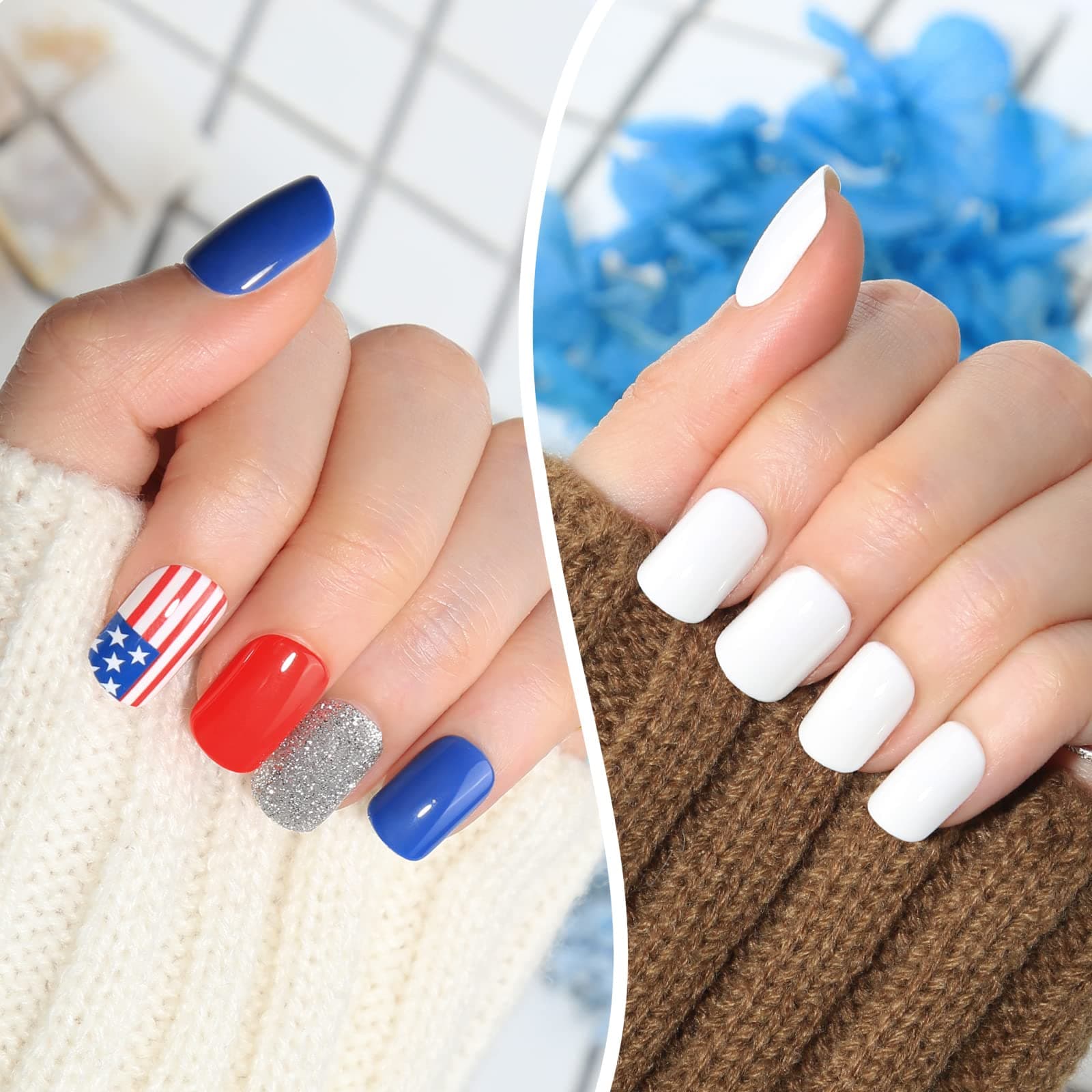 Press on Nails for Kids and Mom - Vamony 54 Pcs Short Square Fake Nails  Artificial Nails Gift for Girls Women  Blue Sky Cute Stick on False Nails Sum - Thumbnail 4