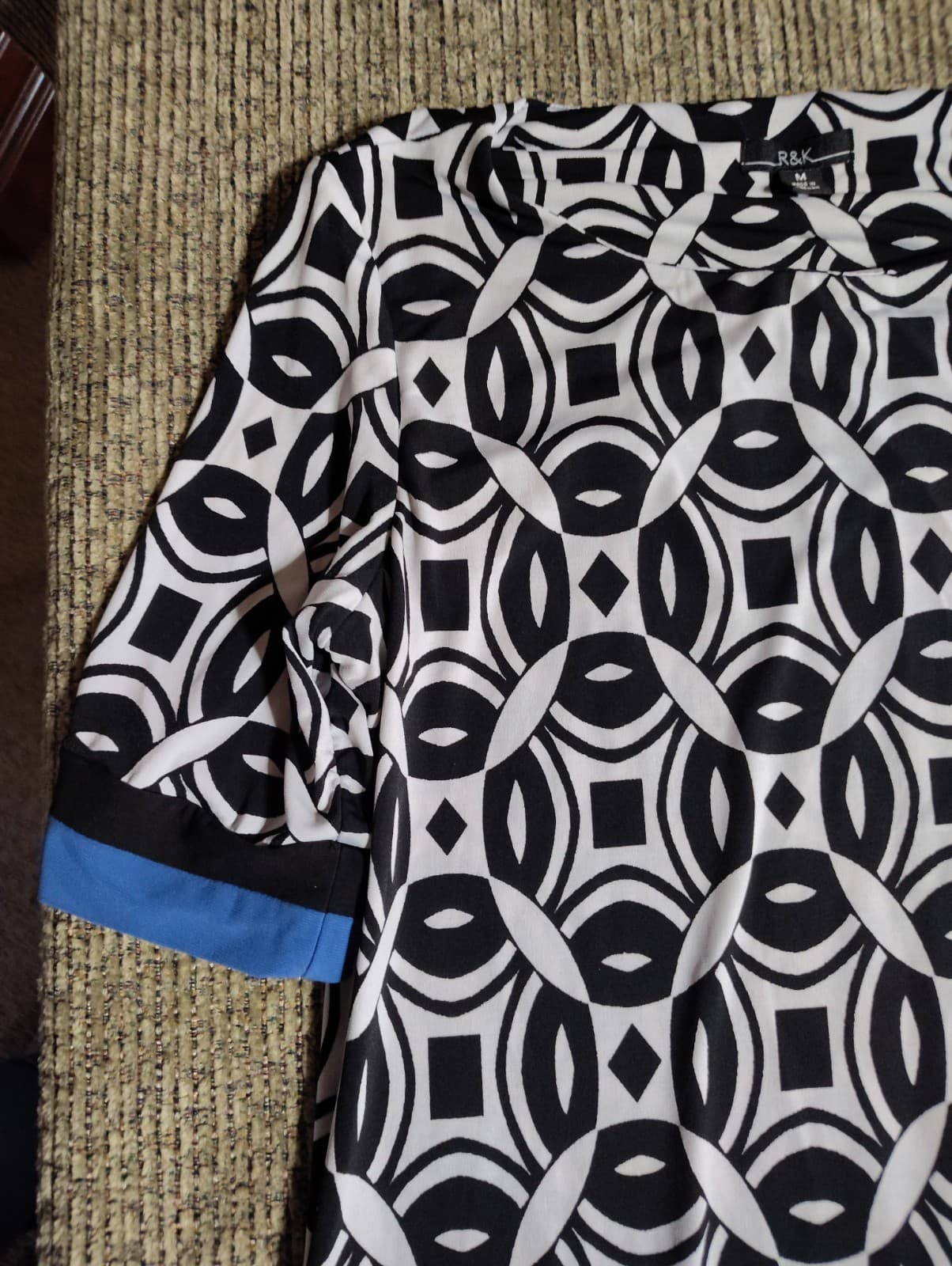 R&K Womens M Sheath Dress Retro Geometric Knee Length Black White Blue - Thumbnail 2