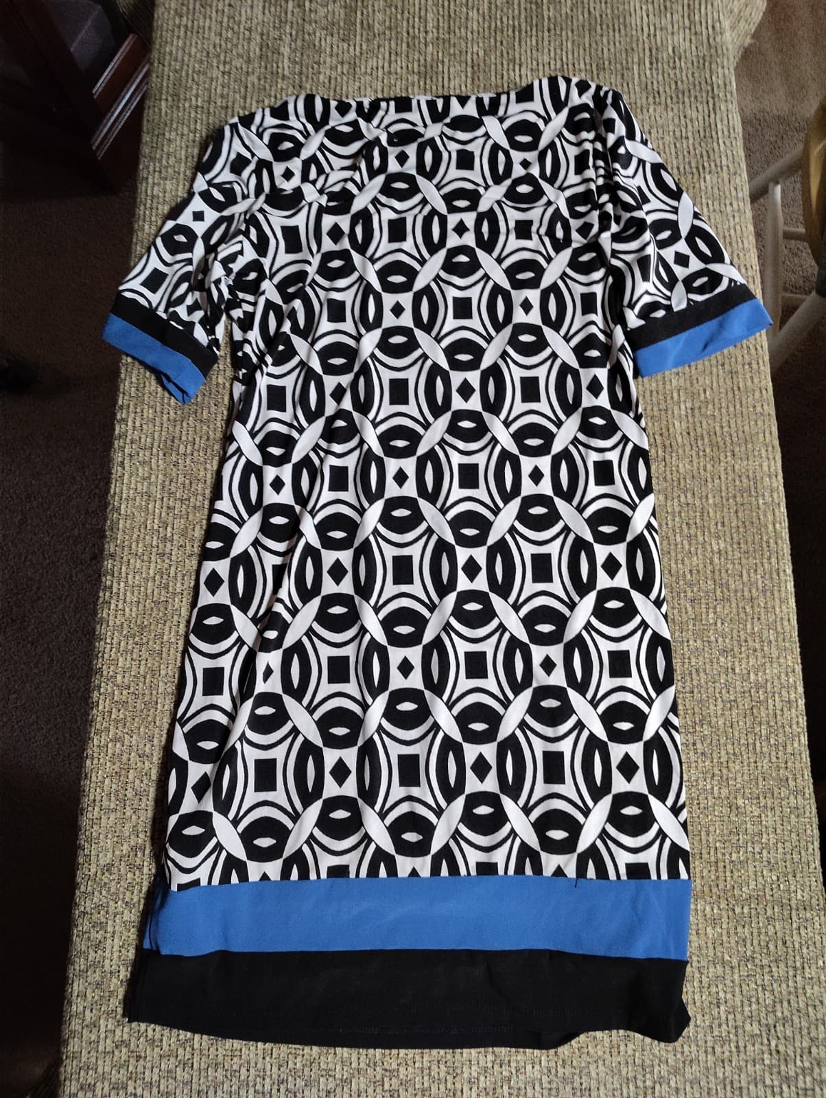 R&K Womens M Sheath Dress Retro Geometric Knee Length Black White Blue - Thumbnail 6