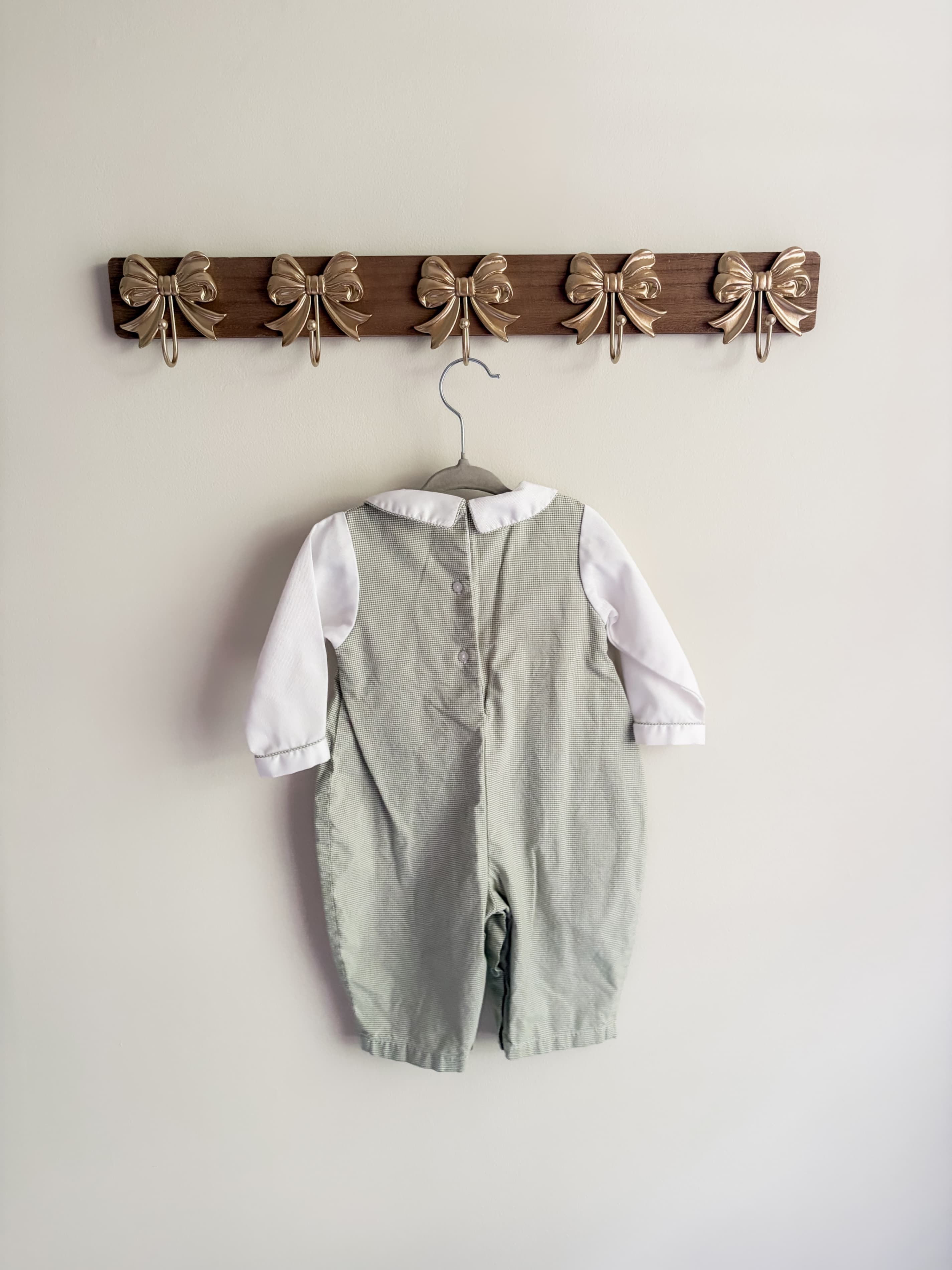 Petit Ami size 9 months Green Gingham Romper with Fall Train Embroidery - Thumbnail 2